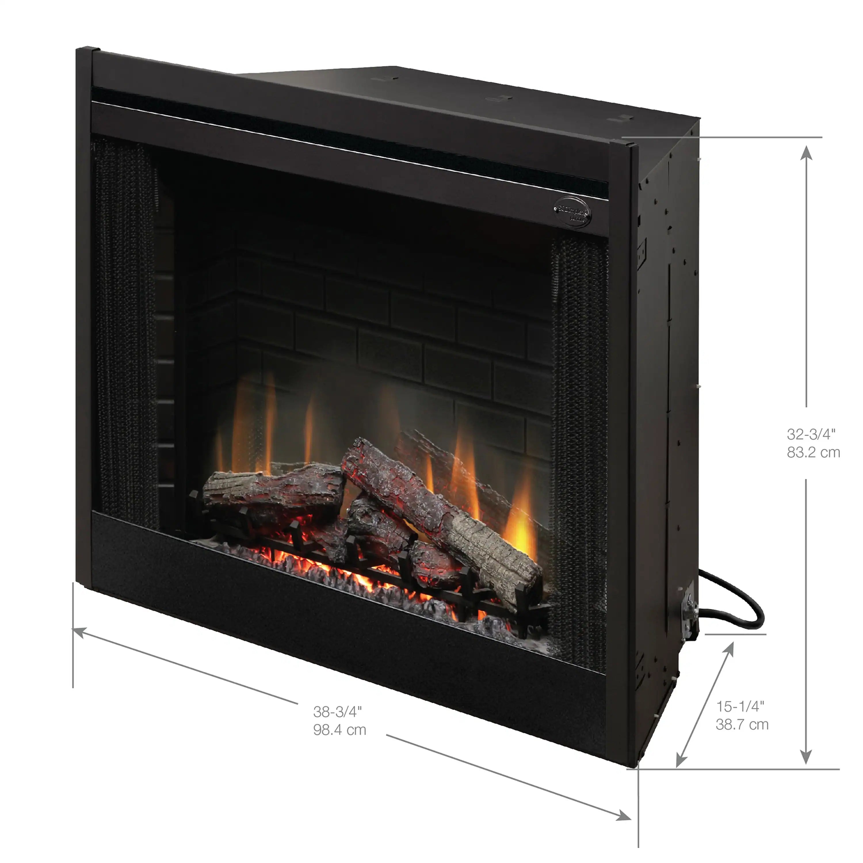 Black built-in electric fireplace insert with glass front, brick-effect back, and flame bed