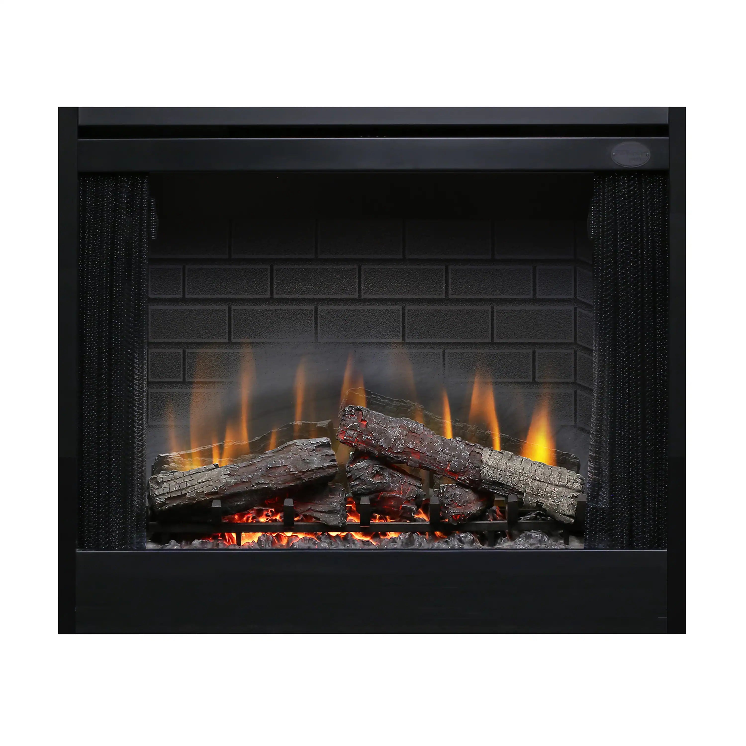 Black electric fireplace insert with brick-effect back panel, glowing flames and logs