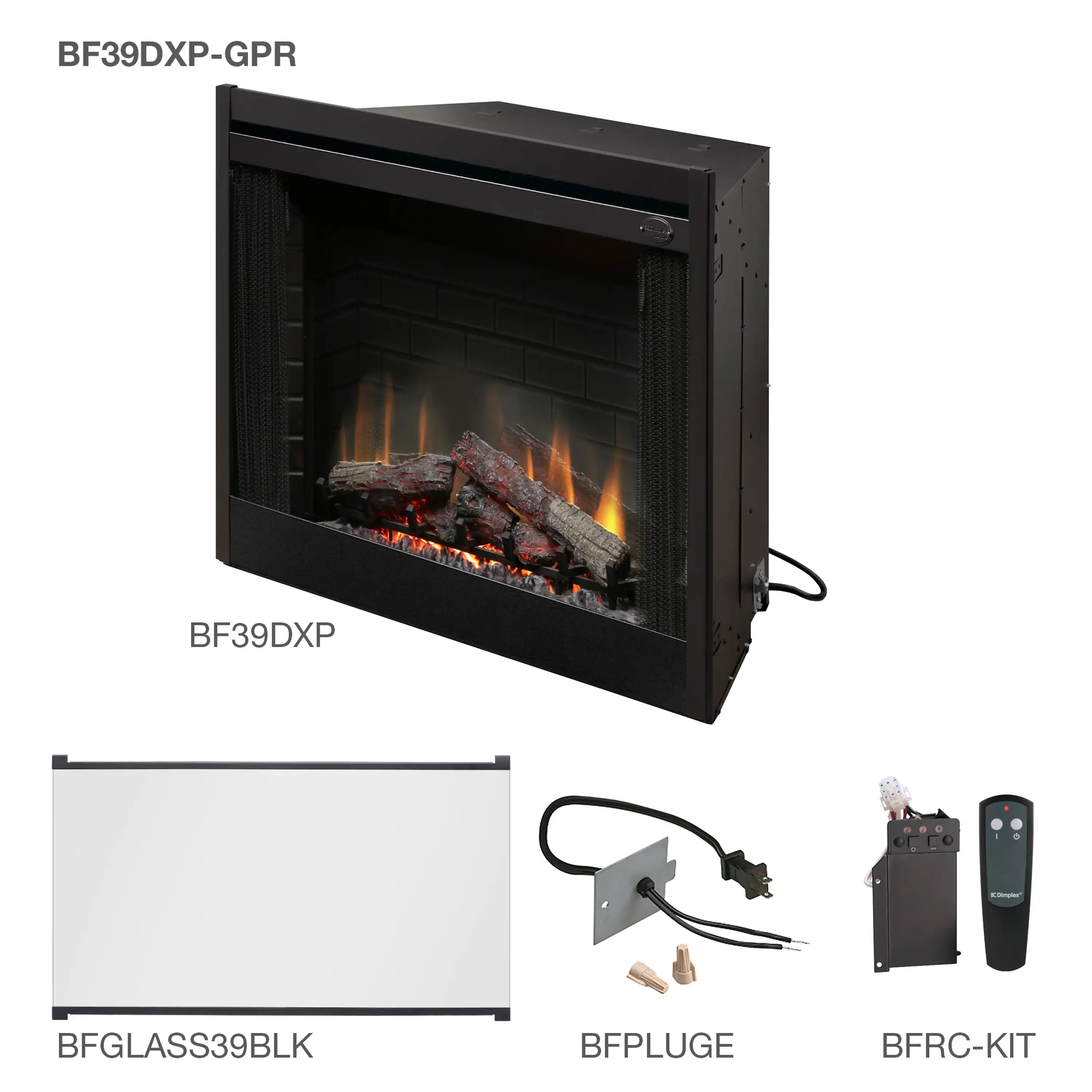 Black electric fireplace insert with accessory kit items and remote control