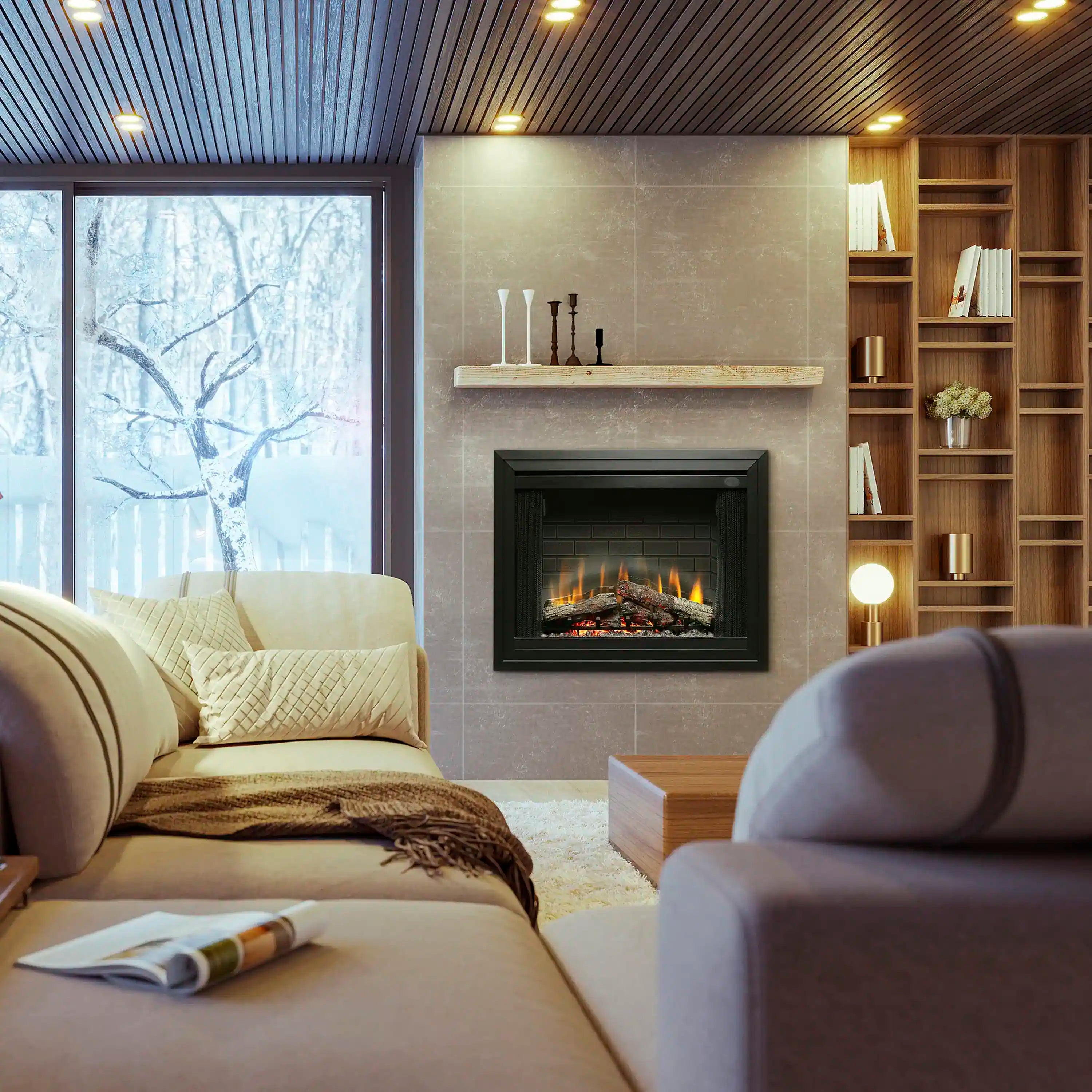 Built-in electric fireplace insert with black surround and glowing flame display