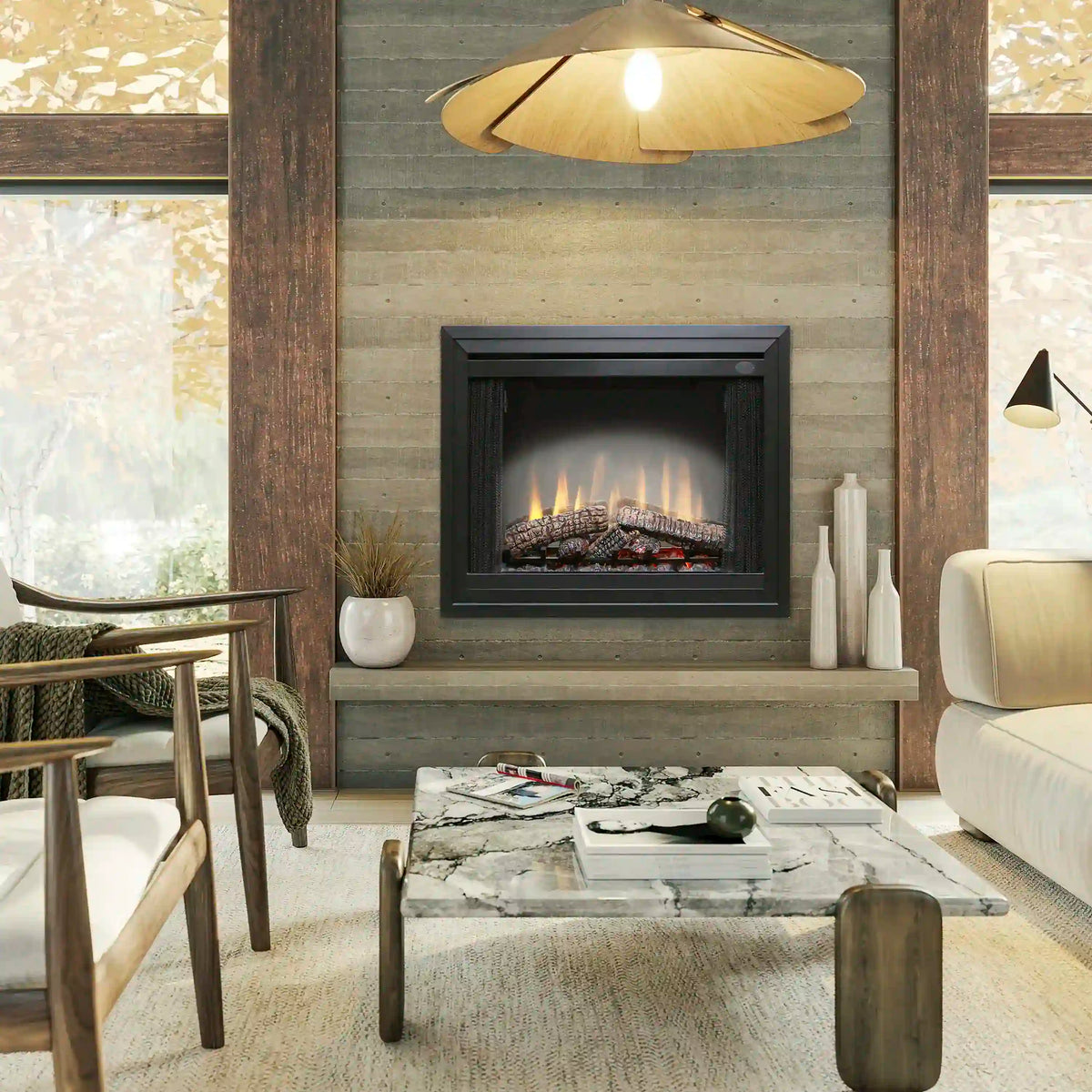 Built-in electric fireplace insert with black trim and glowing flame effect logs