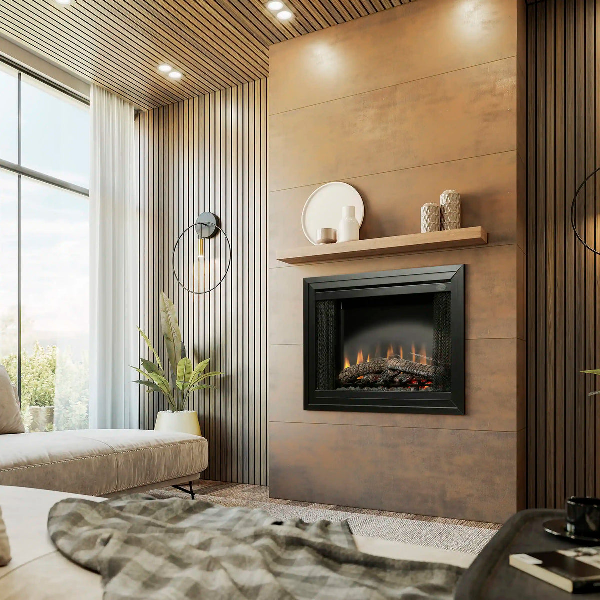 Built-in electric fireplace with dark surround and visible flame effect