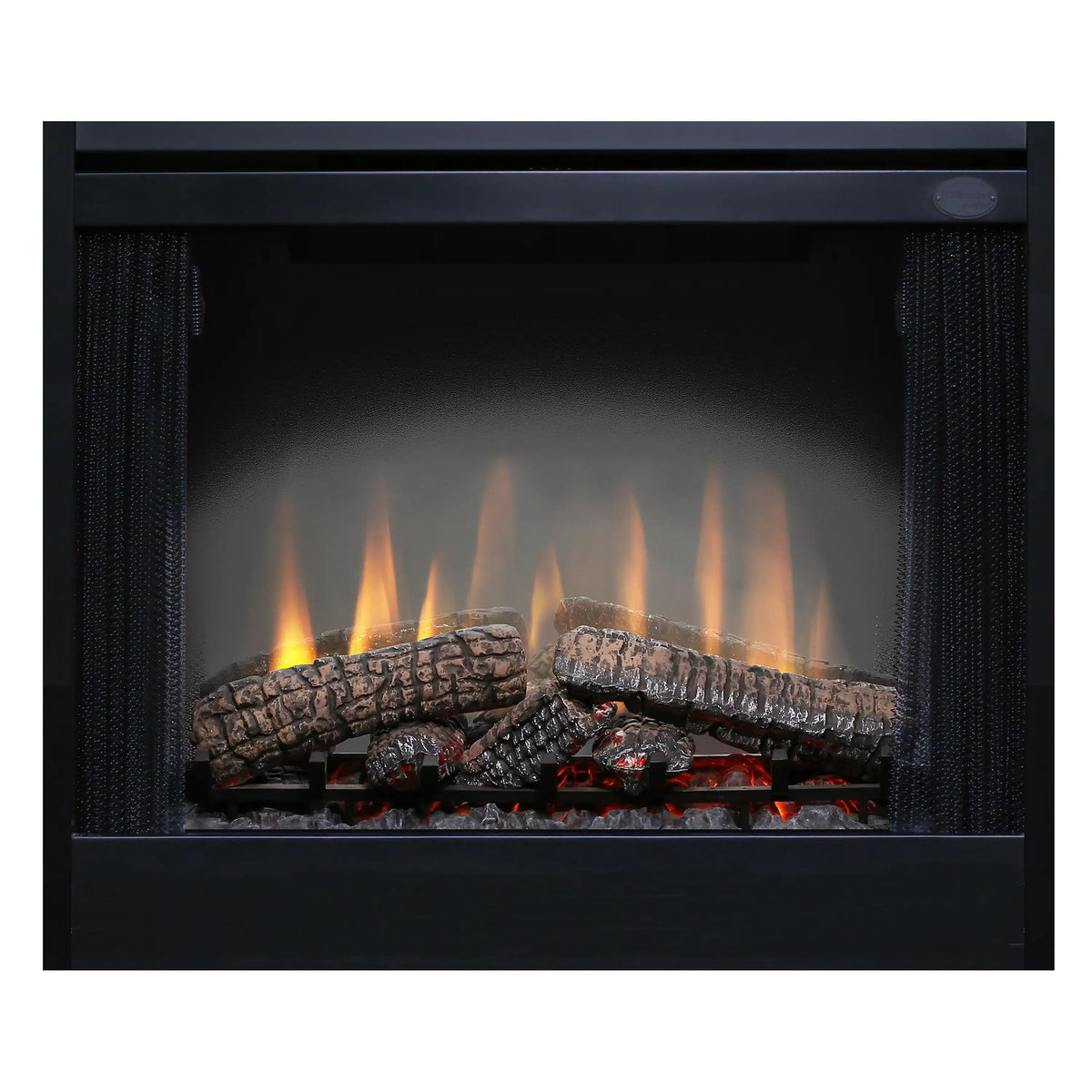 Close-up electric fireplace burner showing glowing logs and orange flame effect