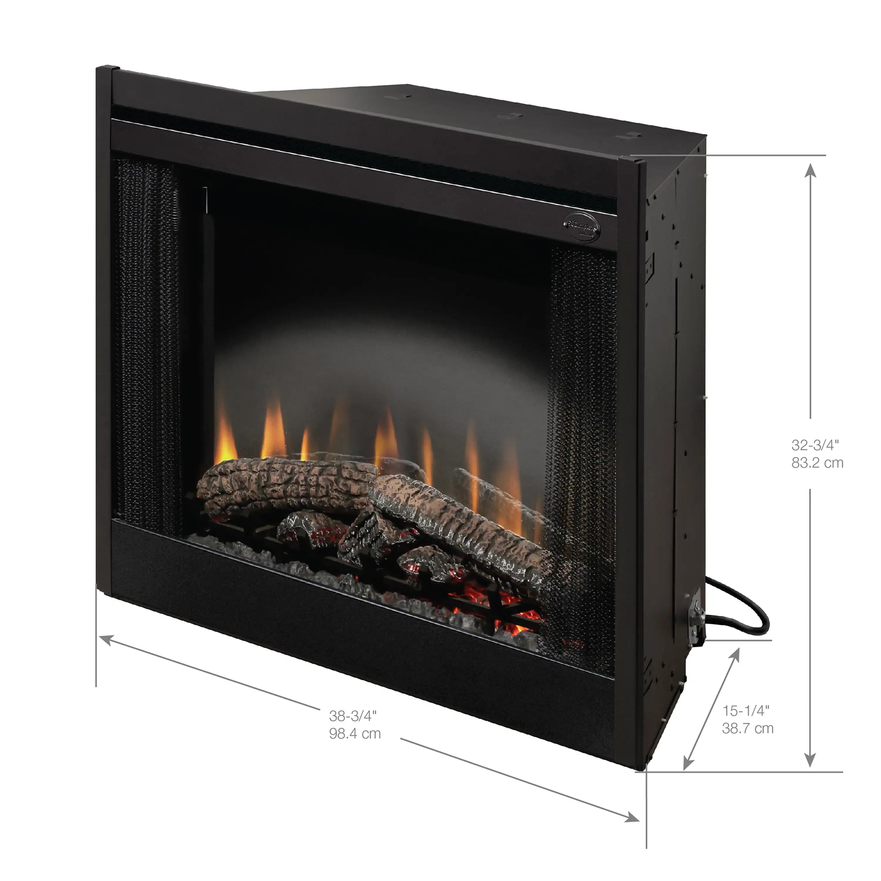 Black built-in electric fireplace insert with mesh sides and visible flame effect