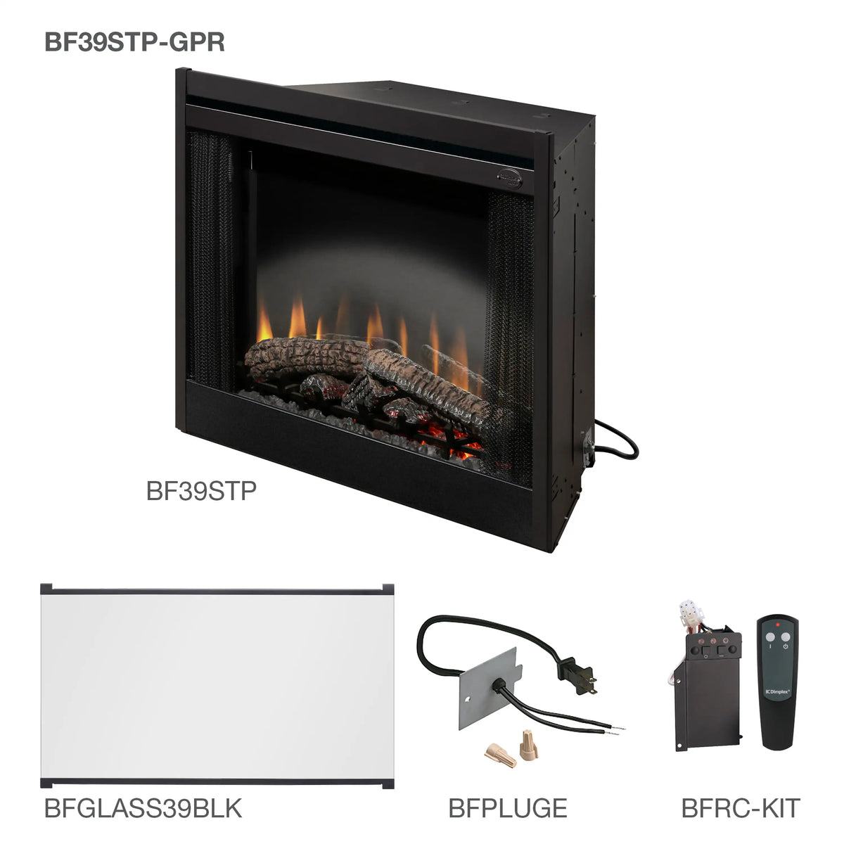 Black built-in electric fireplace insert with remote and accessory kit pieces
