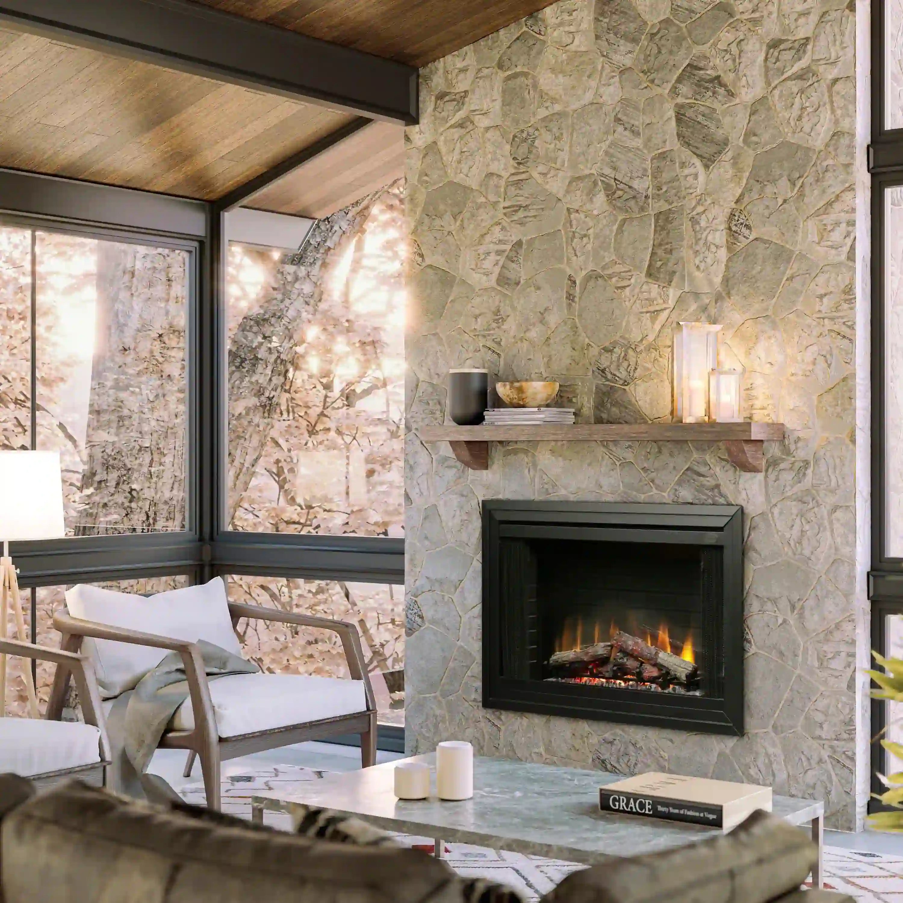 Built-in electric firebox with black trim and inset flames over faux logs