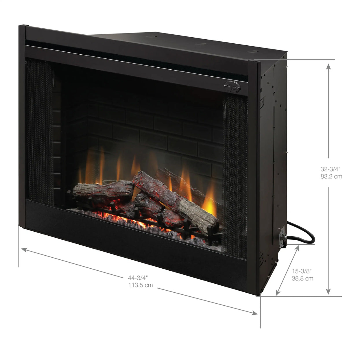 Black built-in electric firebox with labeled size dimensions and faux flame viewing window