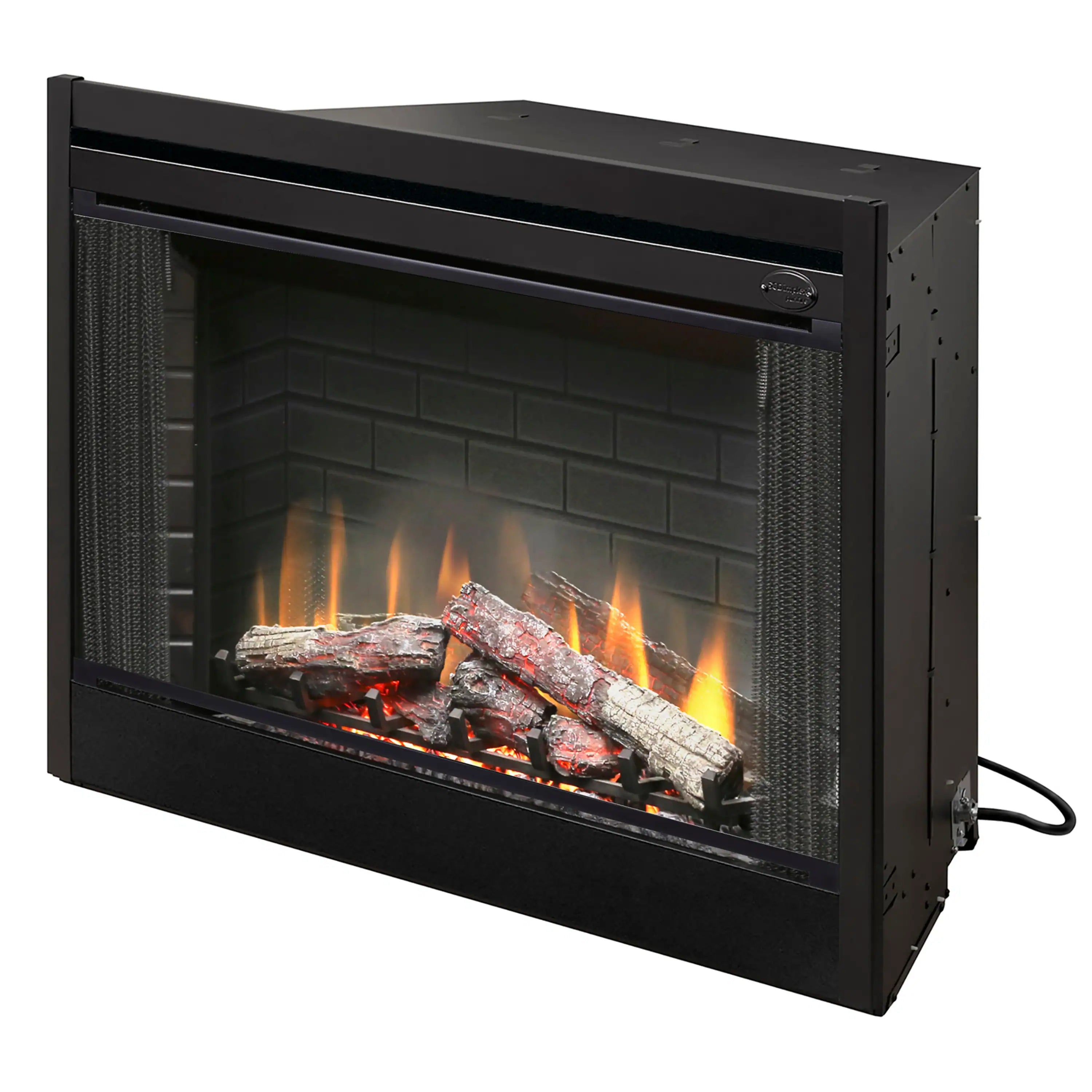 Black built-in electric firebox side view with faux logs and flame effect and attached cord