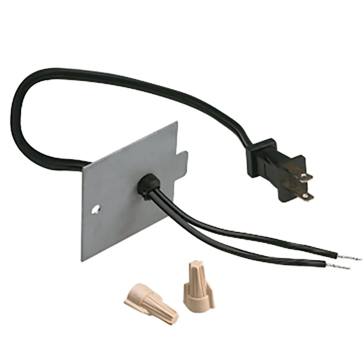 Electric firebox plug kit with power cord, metal mounting bracket, and adapter plugs