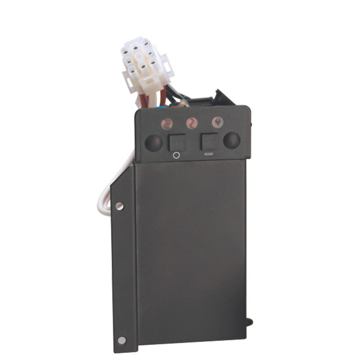 Electric firebox control module with black housing, terminals, and adjustment dials