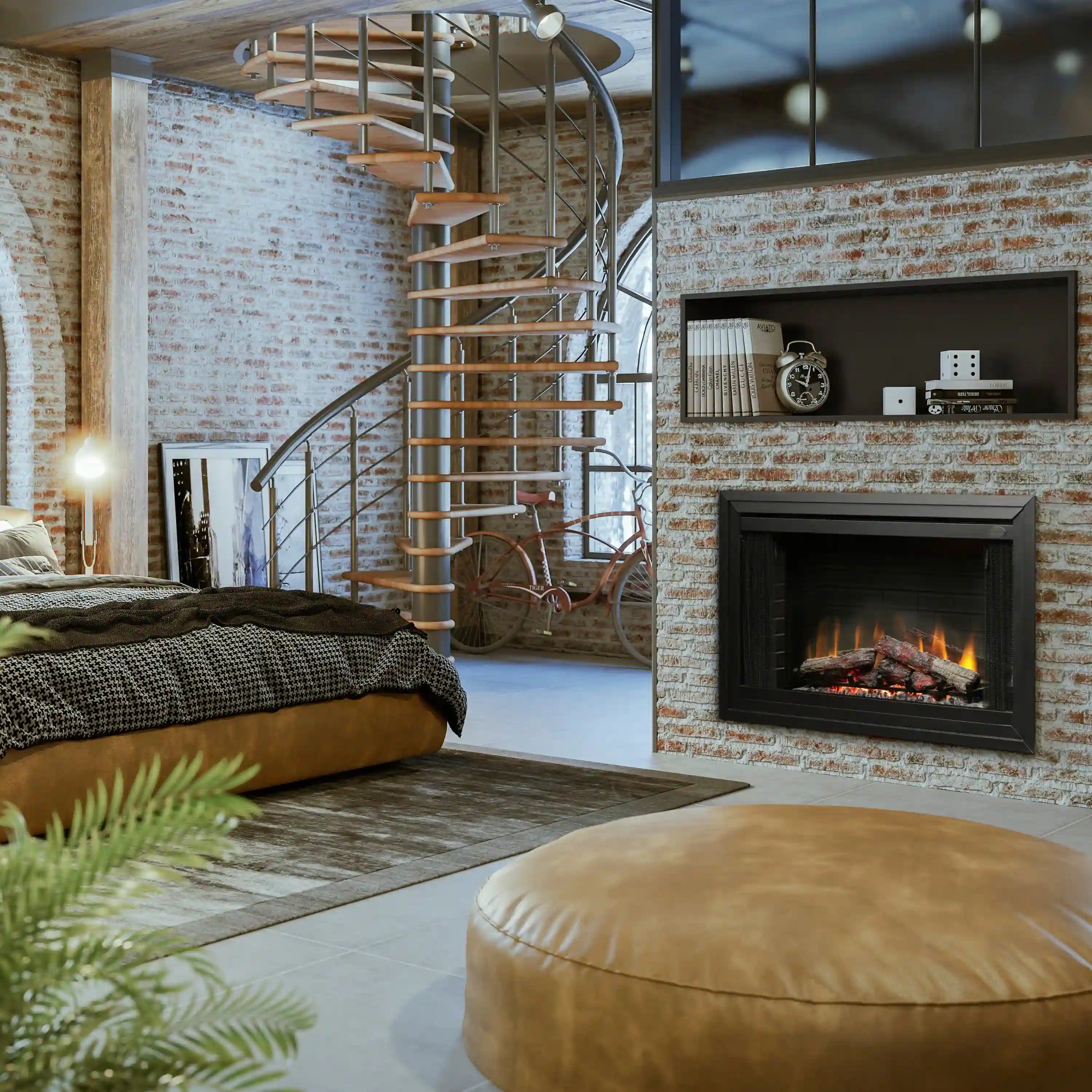 Black built-in electric firebox insert with flames and faux log set