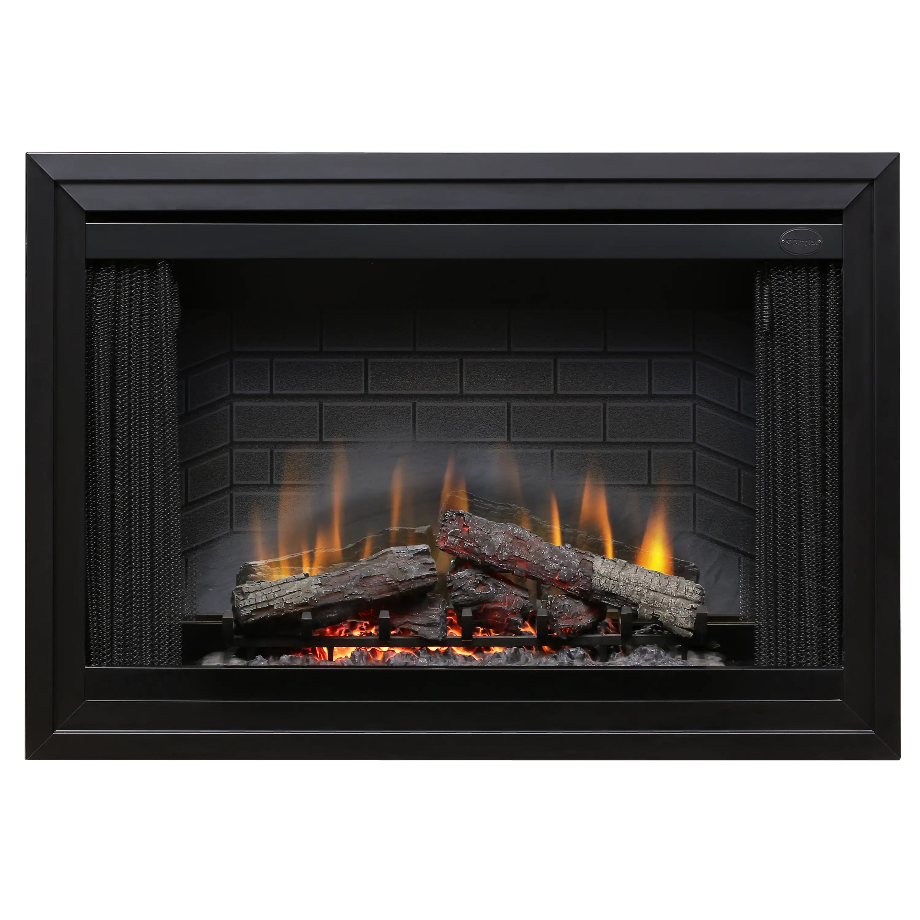 Built-in electric firebox front with black surround and faux log fire with orange flames