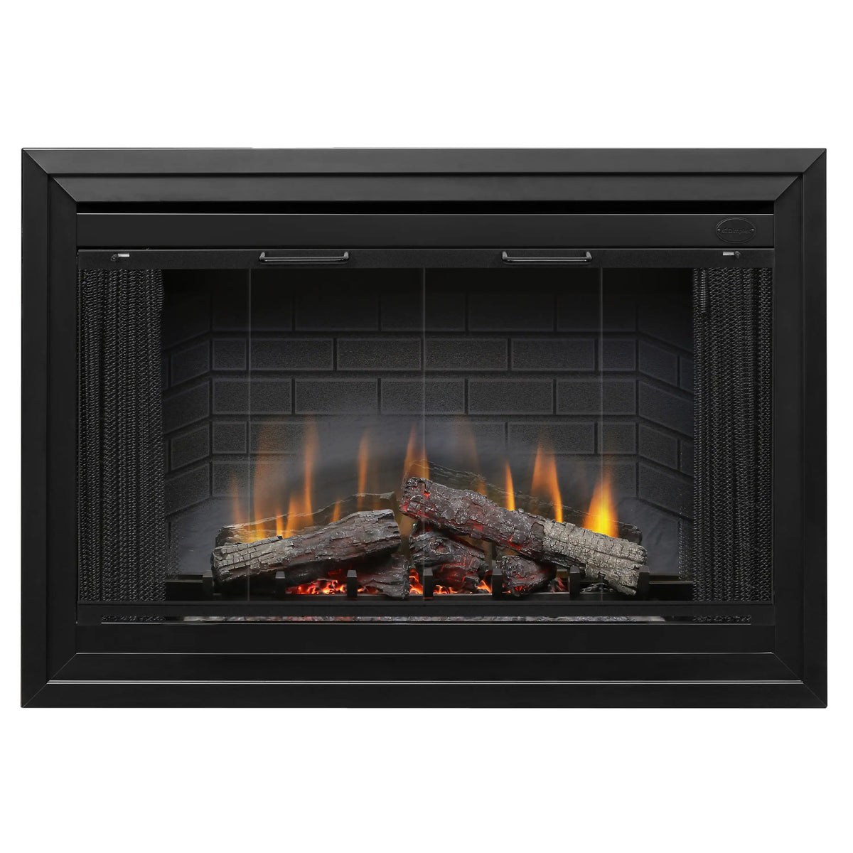 Black built-in electric firebox with faux logs and flame effect in the viewing frame