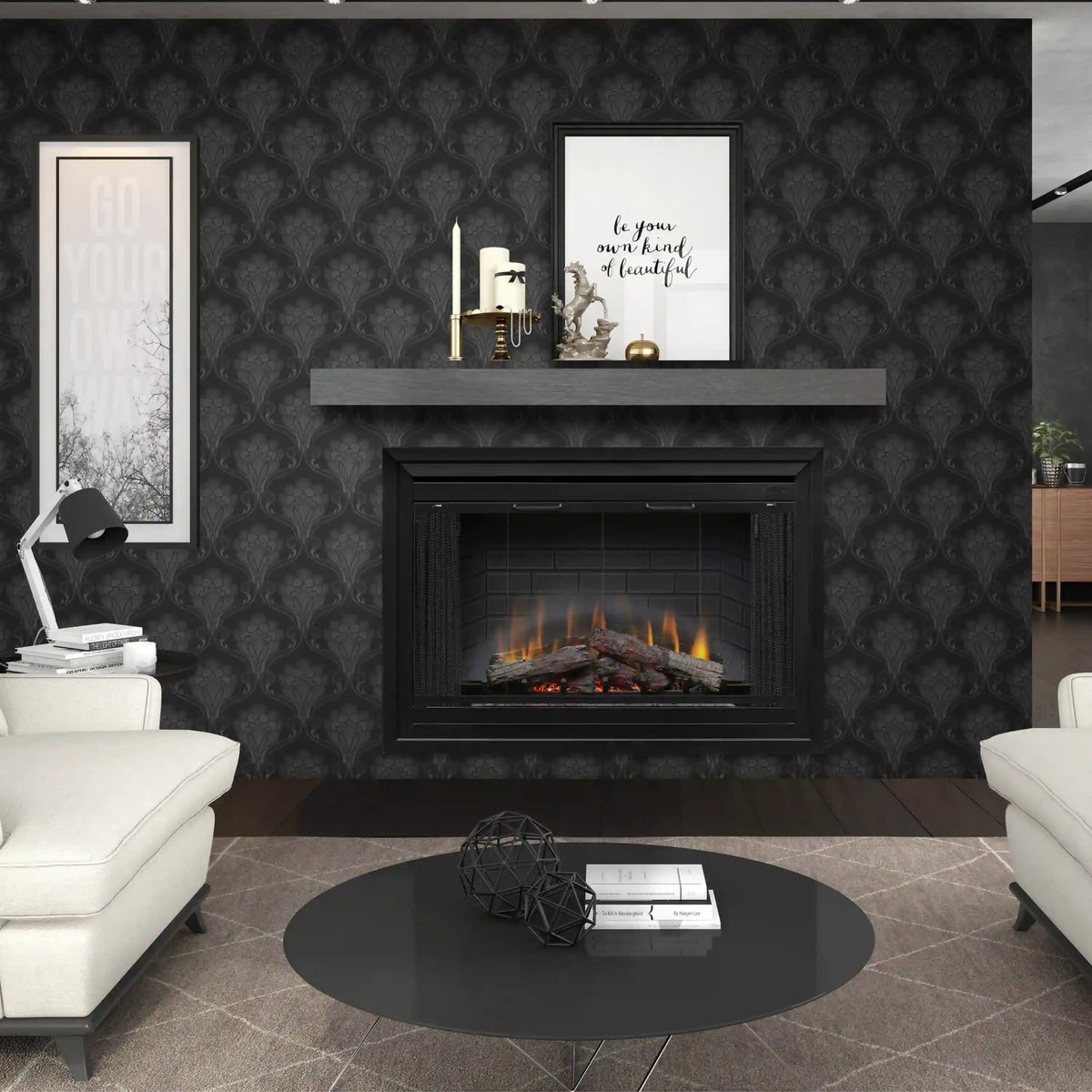 Black built-in electric firebox with glowing flames and faux logs, matte finish