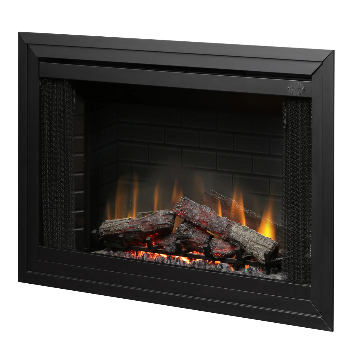Black built-in electric firebox front view with faux logs and flame effect behind mesh sides