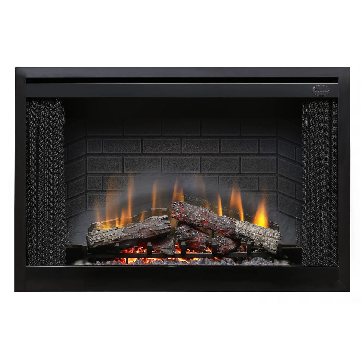 Built-in electric firebox front with black surround, flame glow, and faux logs