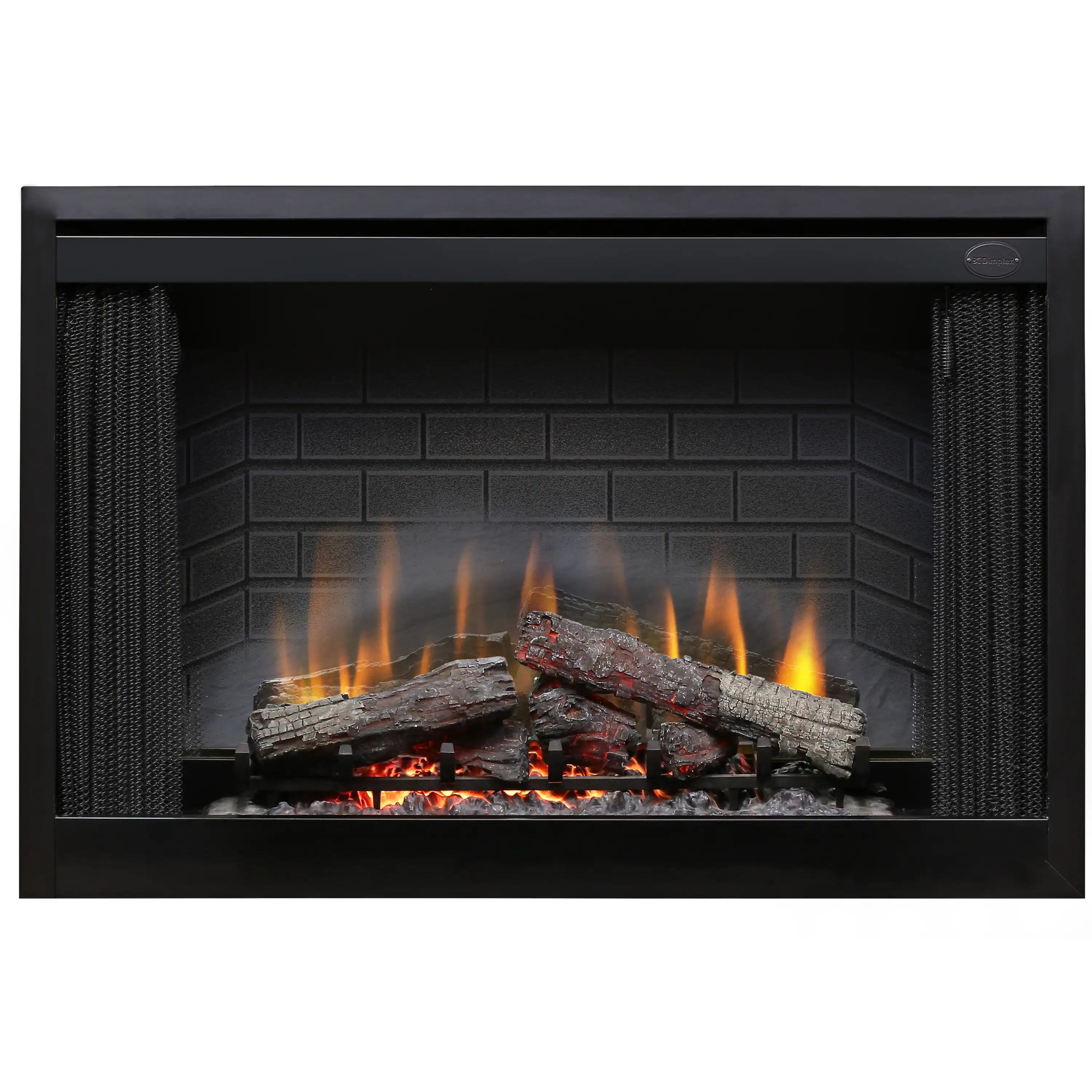 Front view of built-in electric firebox with black surround and burning faux logs