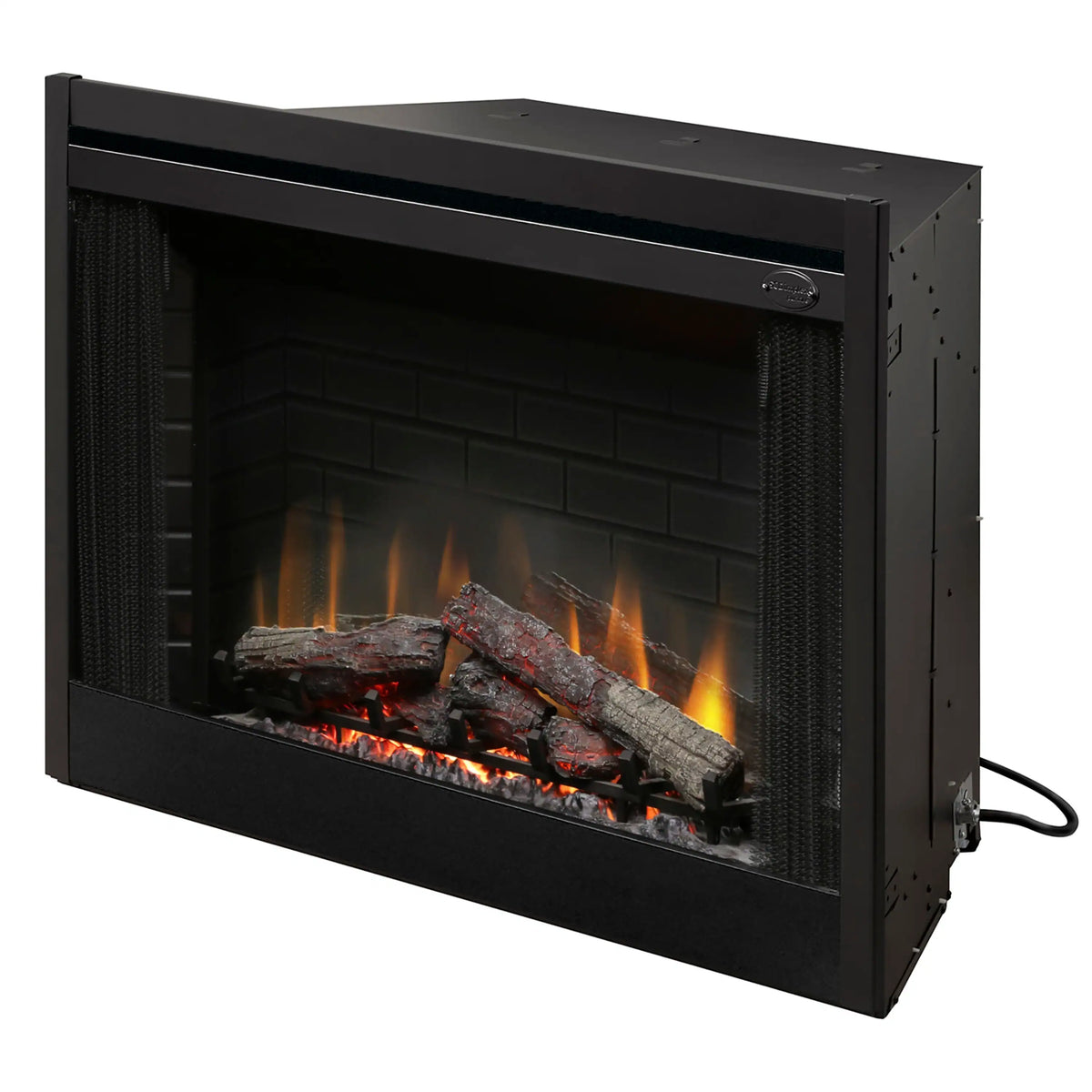 Black built-in electric firebox angled view with faux logs and flame effect