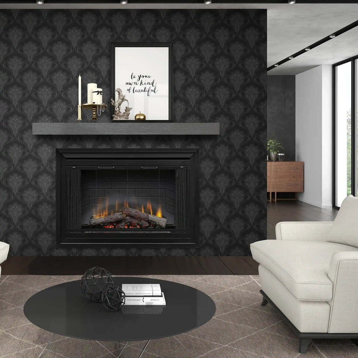 Dimplex built-in electric firebox with black trim and glowing orange flames inside a glass front