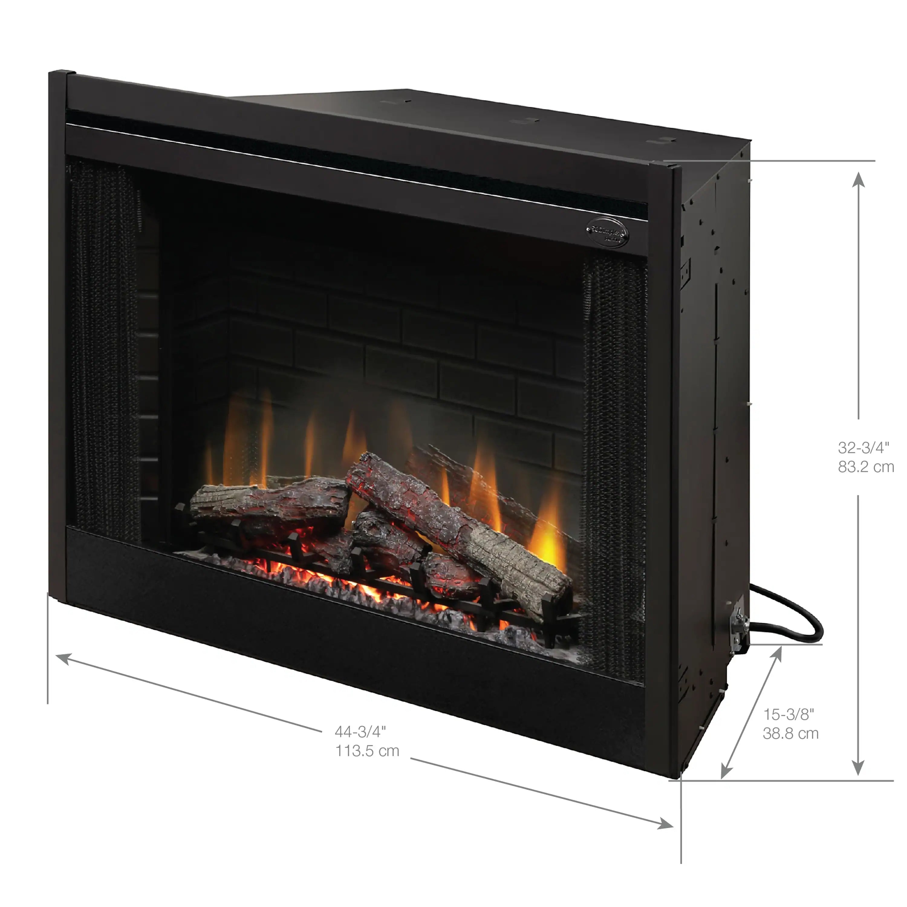 Dimplex BF45DXP built-in electric firebox insert, black, side view with measurements