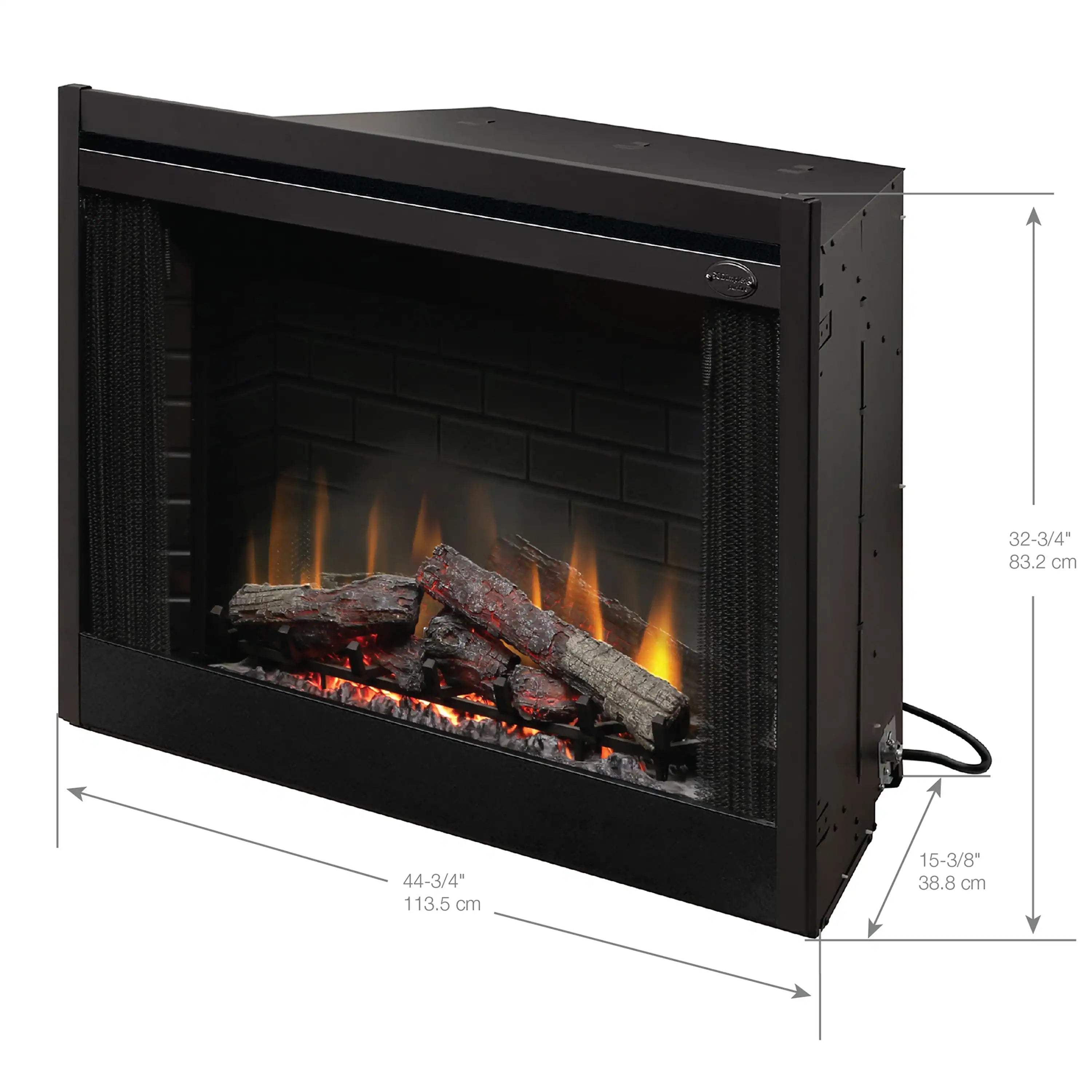 Dimplex BF45DXP built-in electric firebox insert, black, side view with flame bed