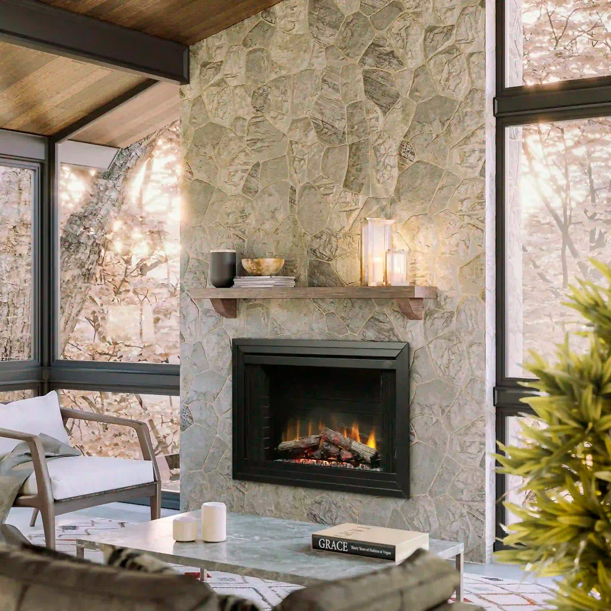 Dimplex BF45DXP built-in electric firebox with black surround and glowing flame effect