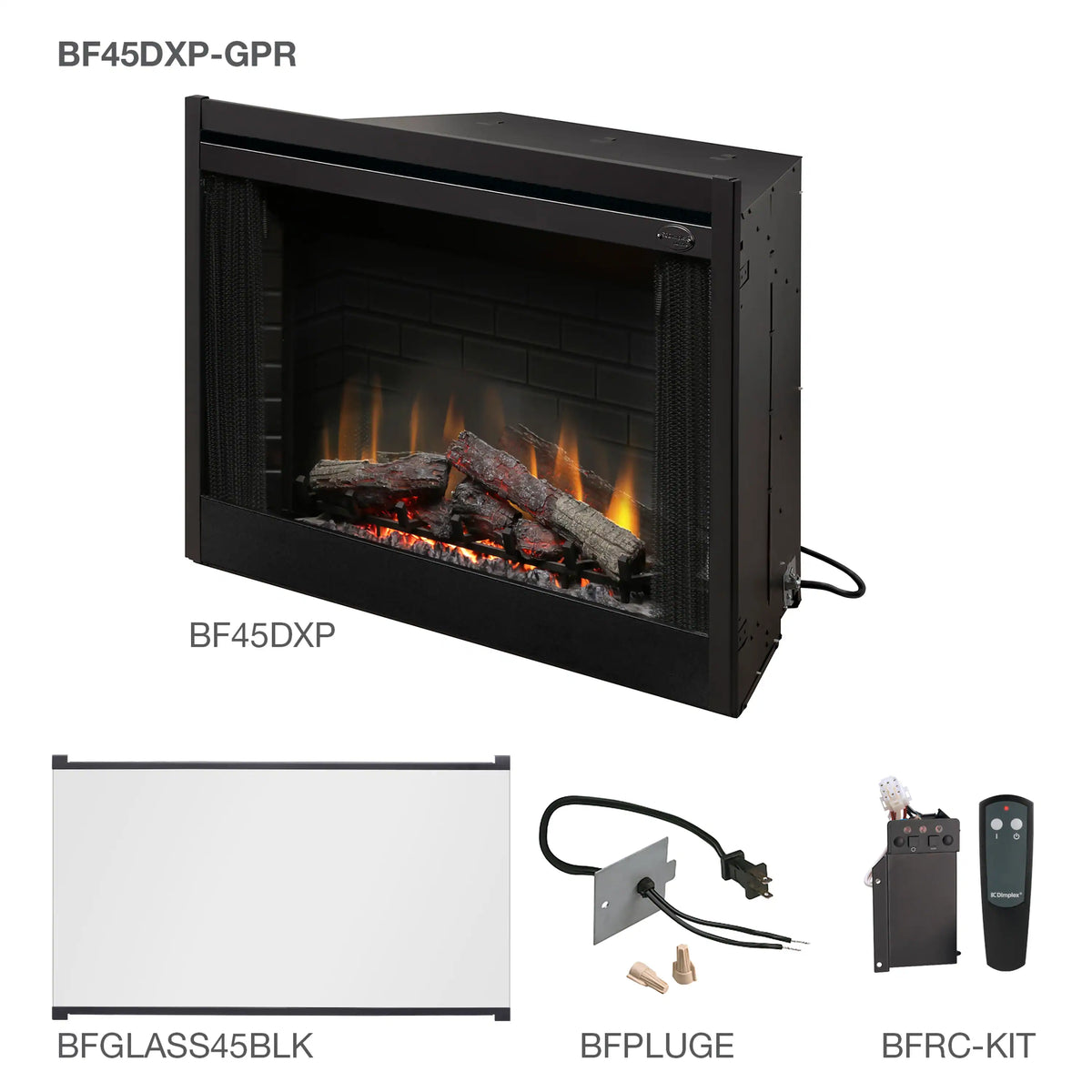 Dimplex BF45DXP firebox bundle with glass panel and BFPLUG wiring kit plus remote
