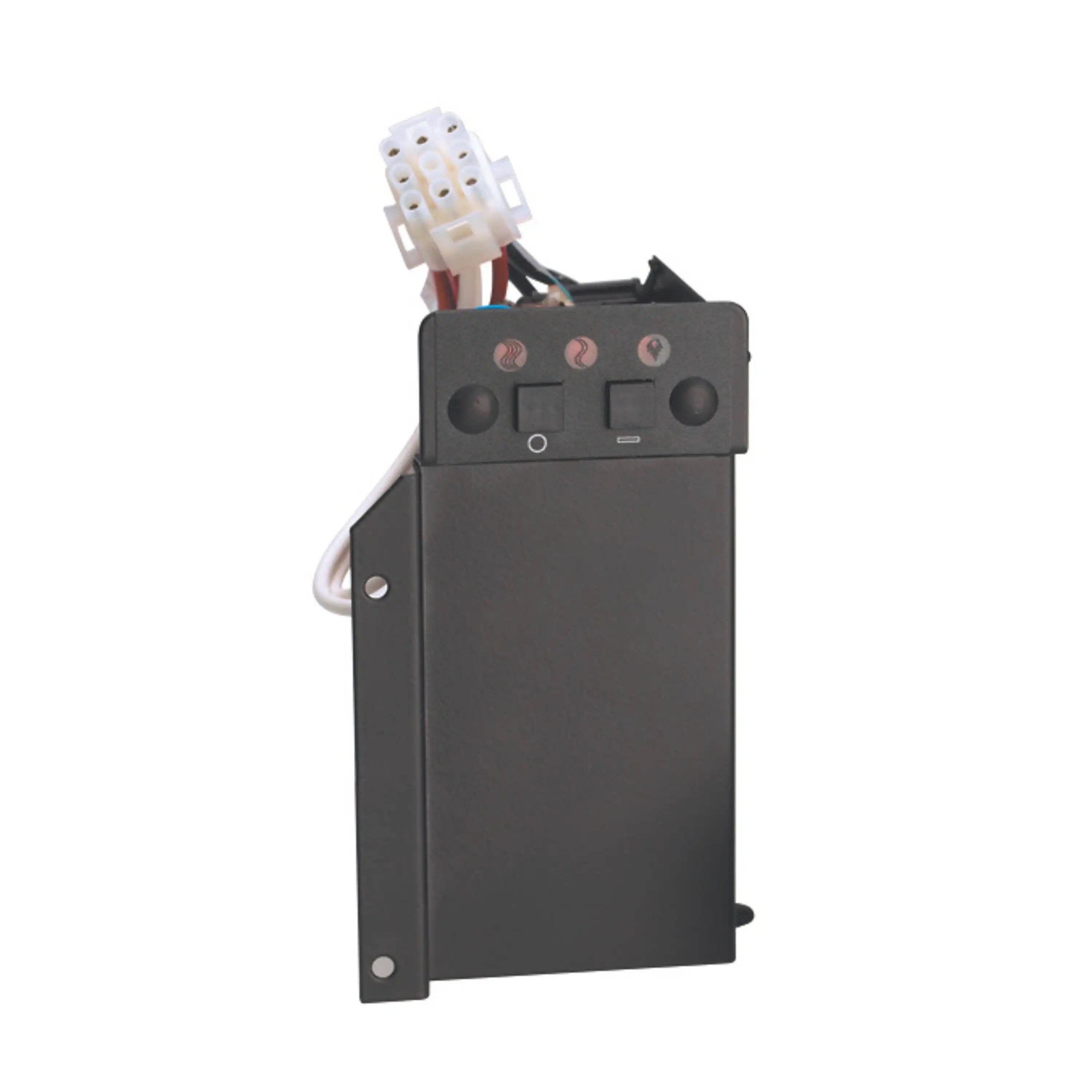 Electric firebox control module with circuit board and switch panel, black housing