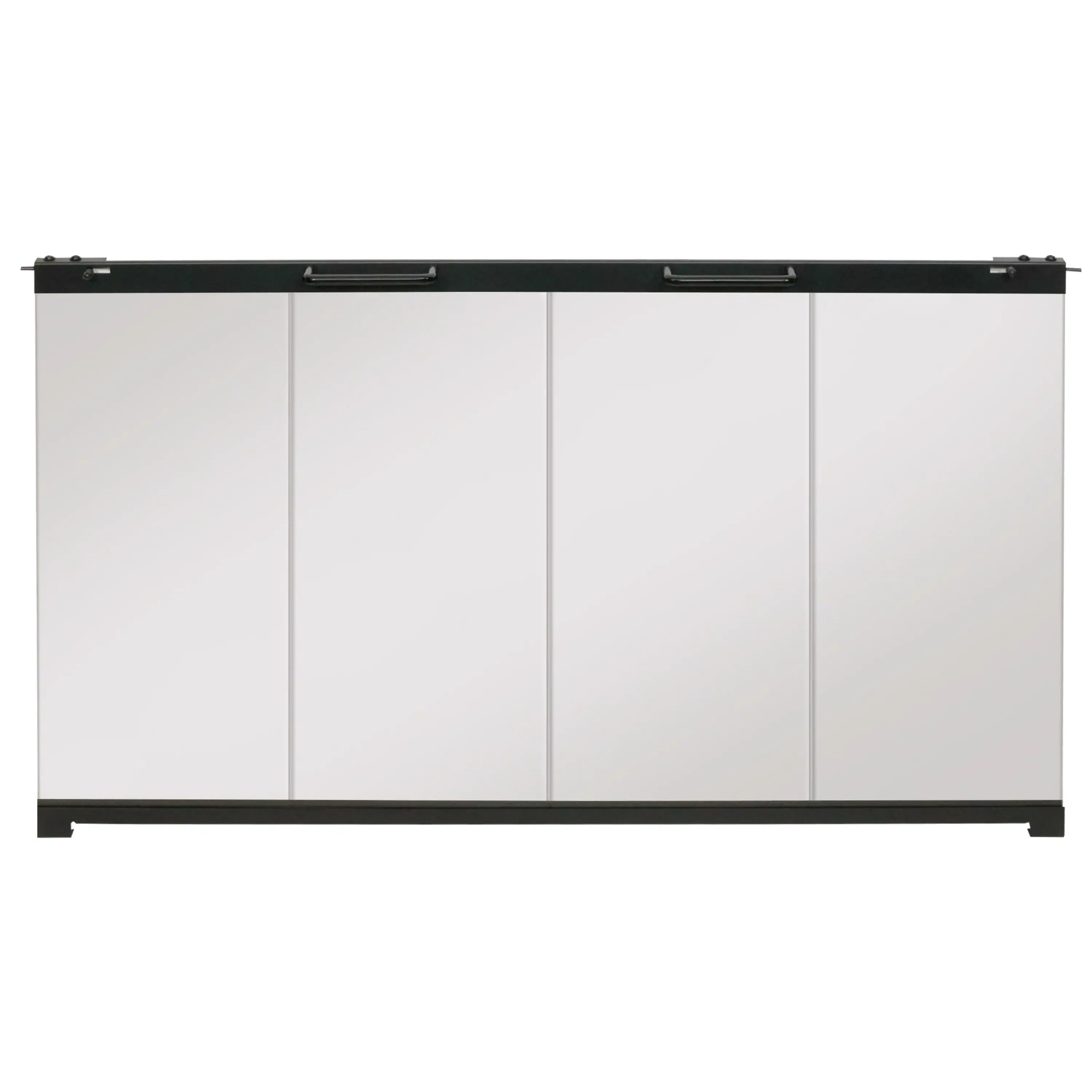 Bi-fold glass fireplace door with black frame, four-panel look