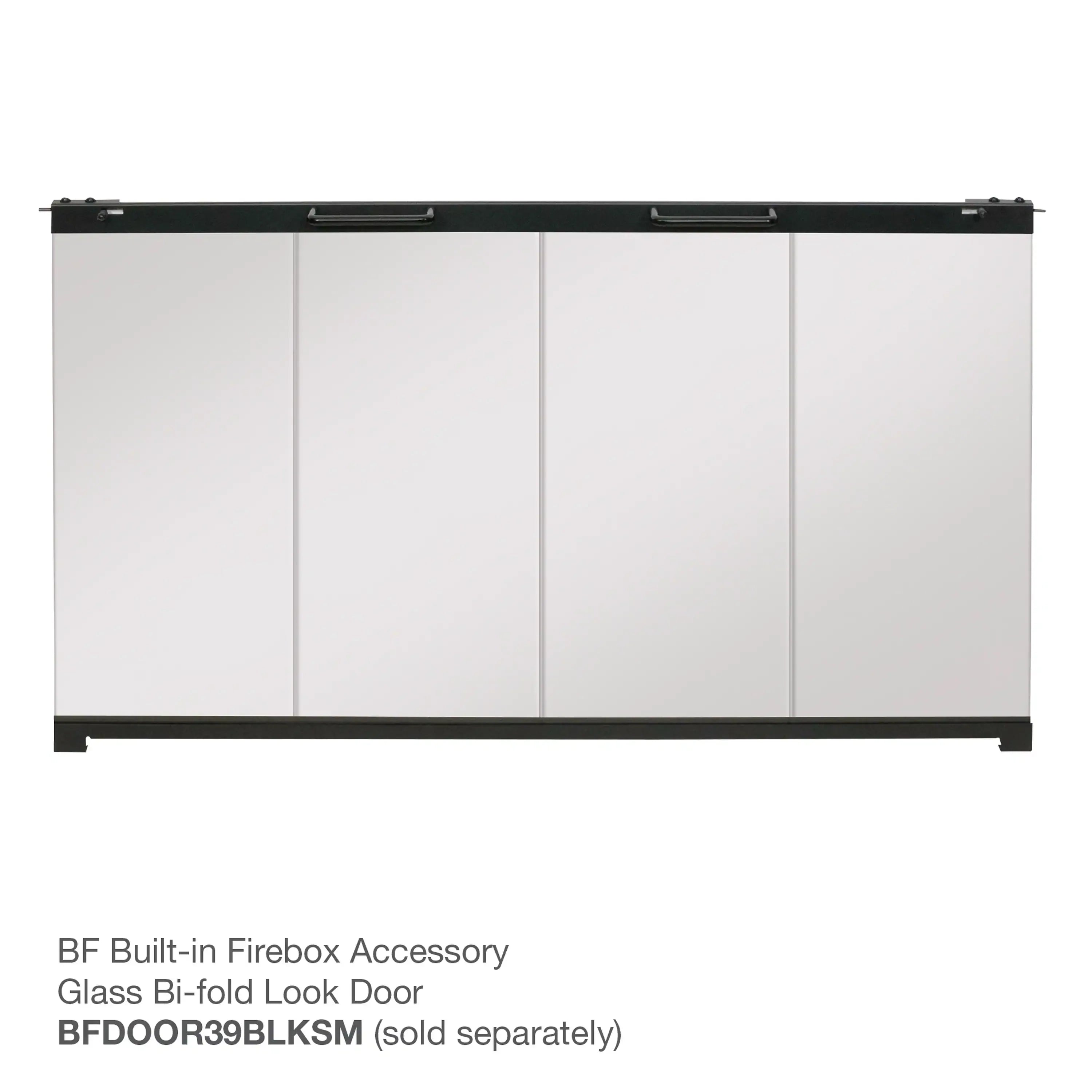 Bi-fold glass fireplace door with black frame and four vertical glass panels