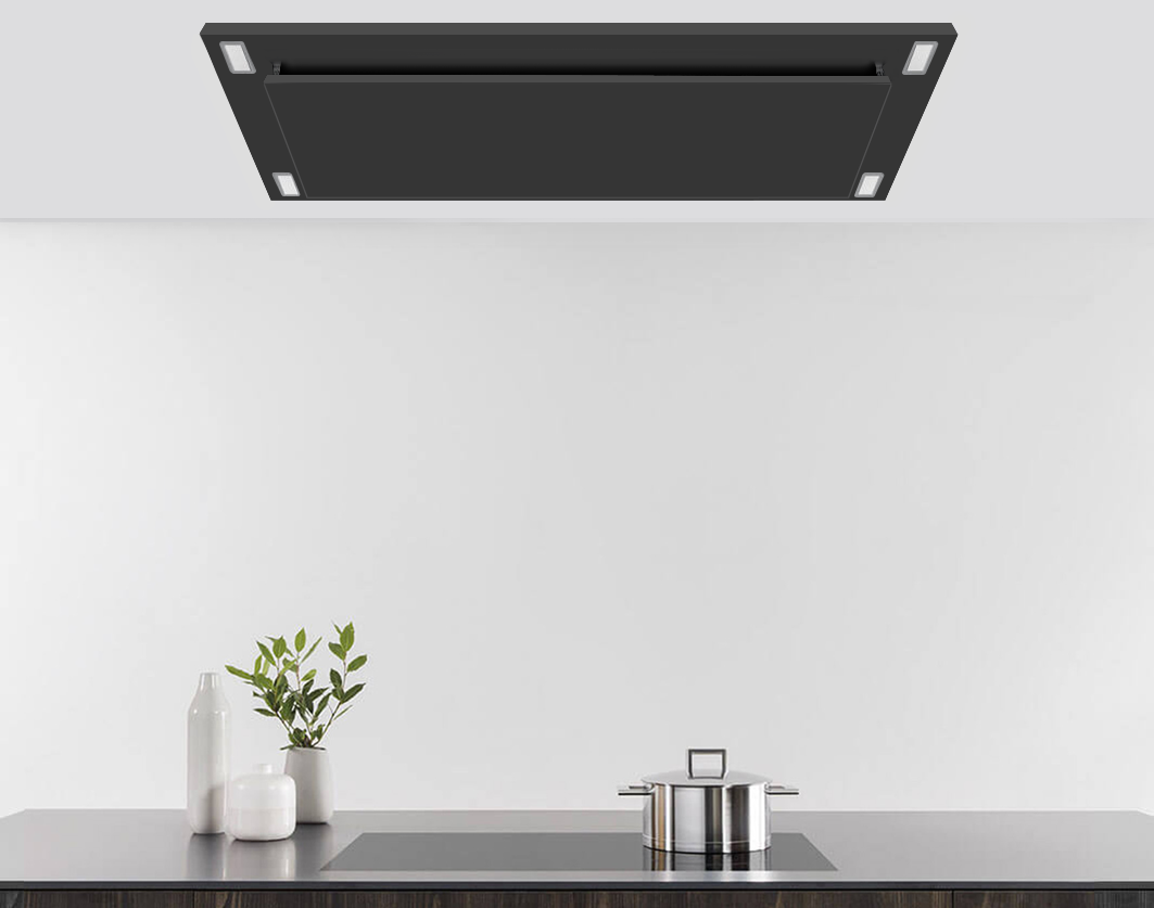 Black flush-mount ceiling range hood with LED light strips