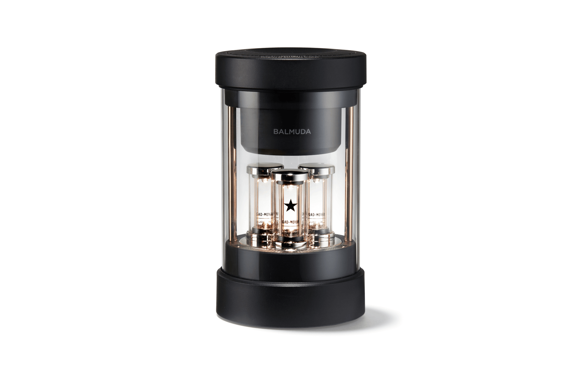 Portable Bluetooth speaker with glowing LED elements in transparent chamber, black