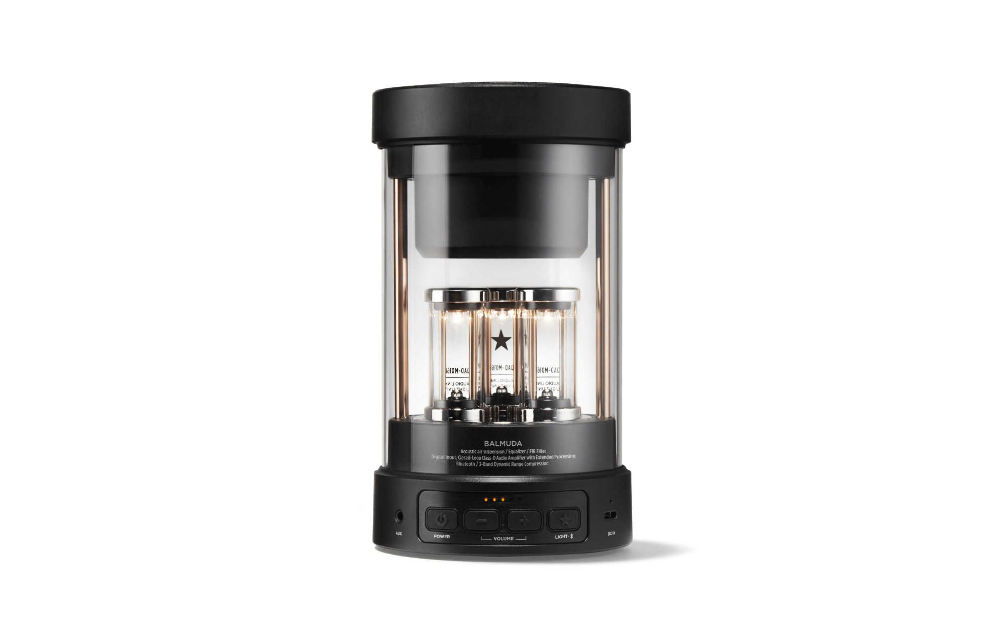 Portable Bluetooth speaker, black with bottom button panel and transparent LED chamber