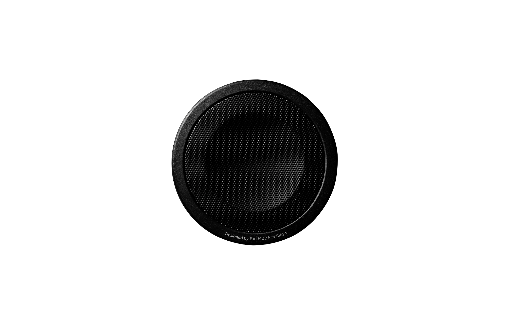 Portable Bluetooth speaker back with round black grille and BALMUDA logo