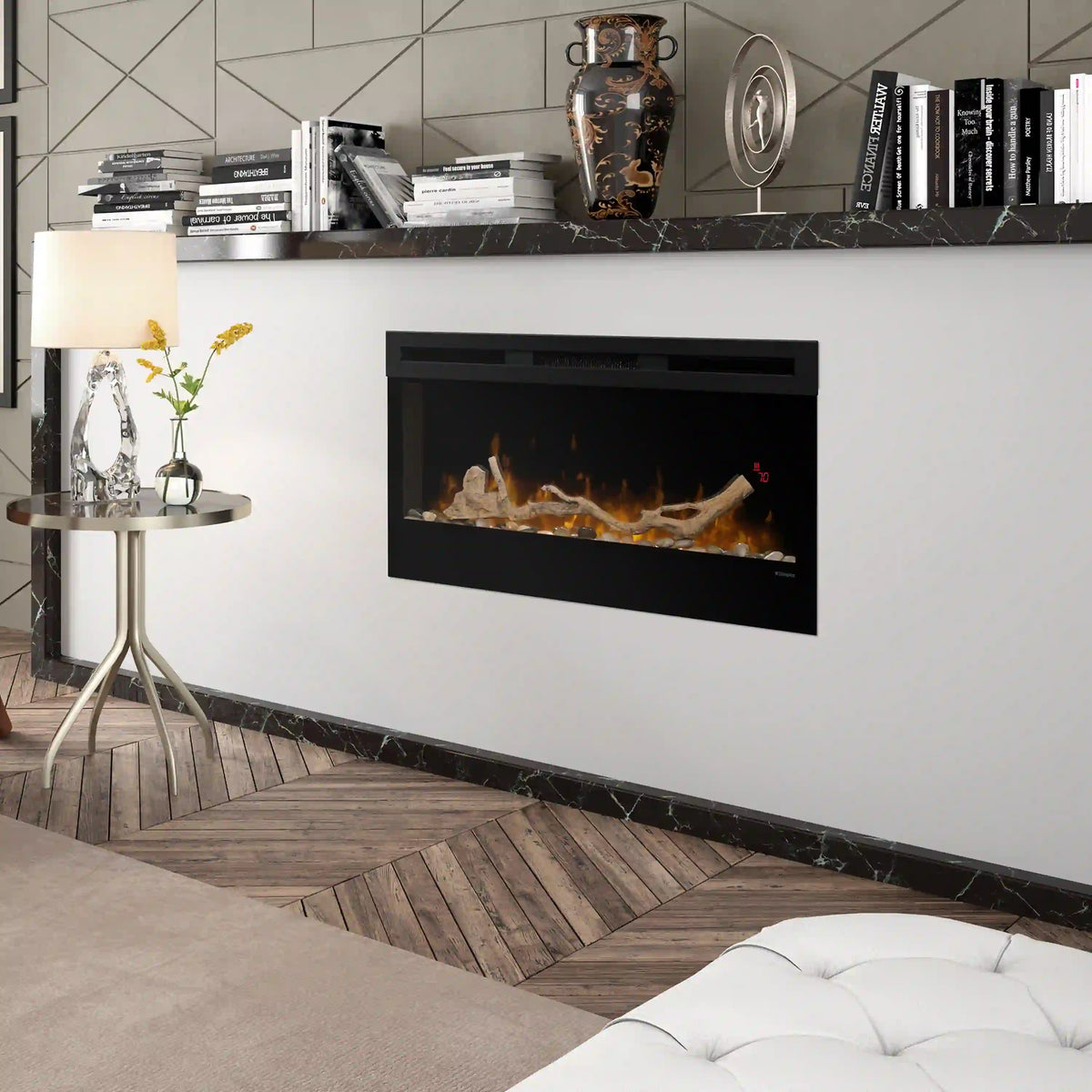 Linear electric fireplace accessory kit with driftwood logs and river rock in firebox