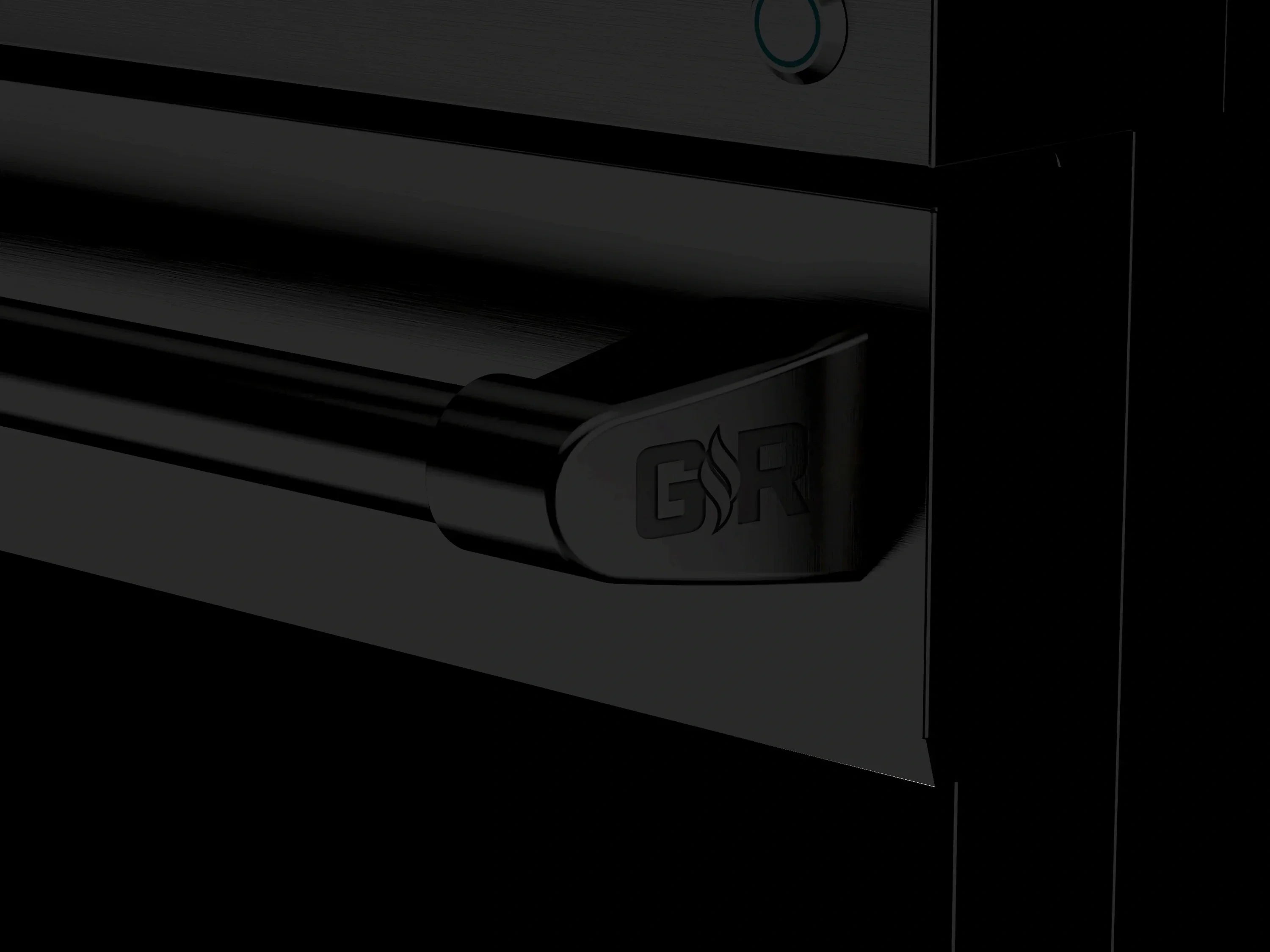 Black appliance door handle with GR logo detail