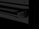 Black oven door handle with embossed GR logo on gas range