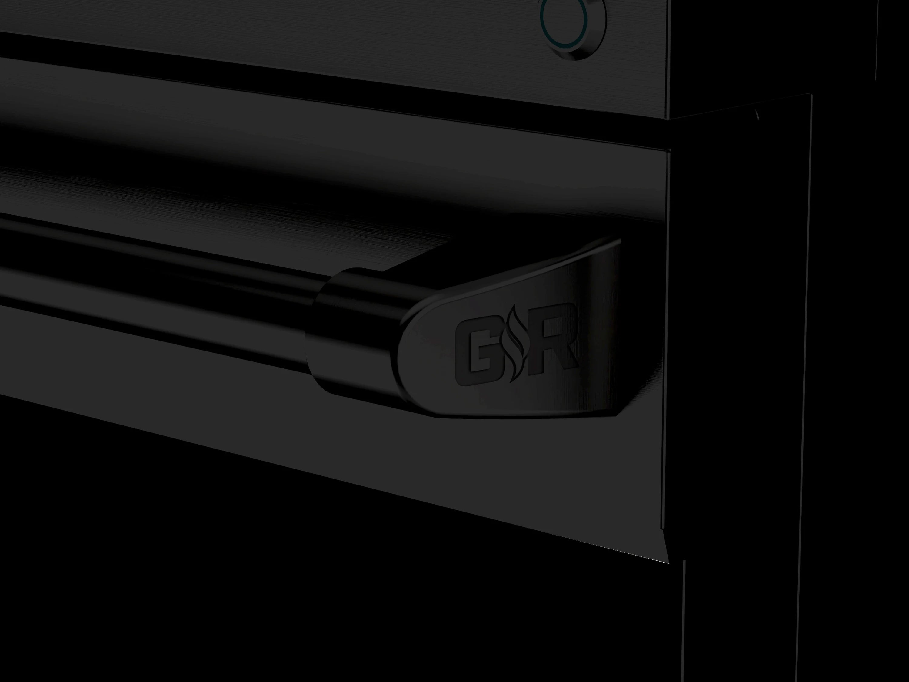 Black oven door handle with raised GR logo
