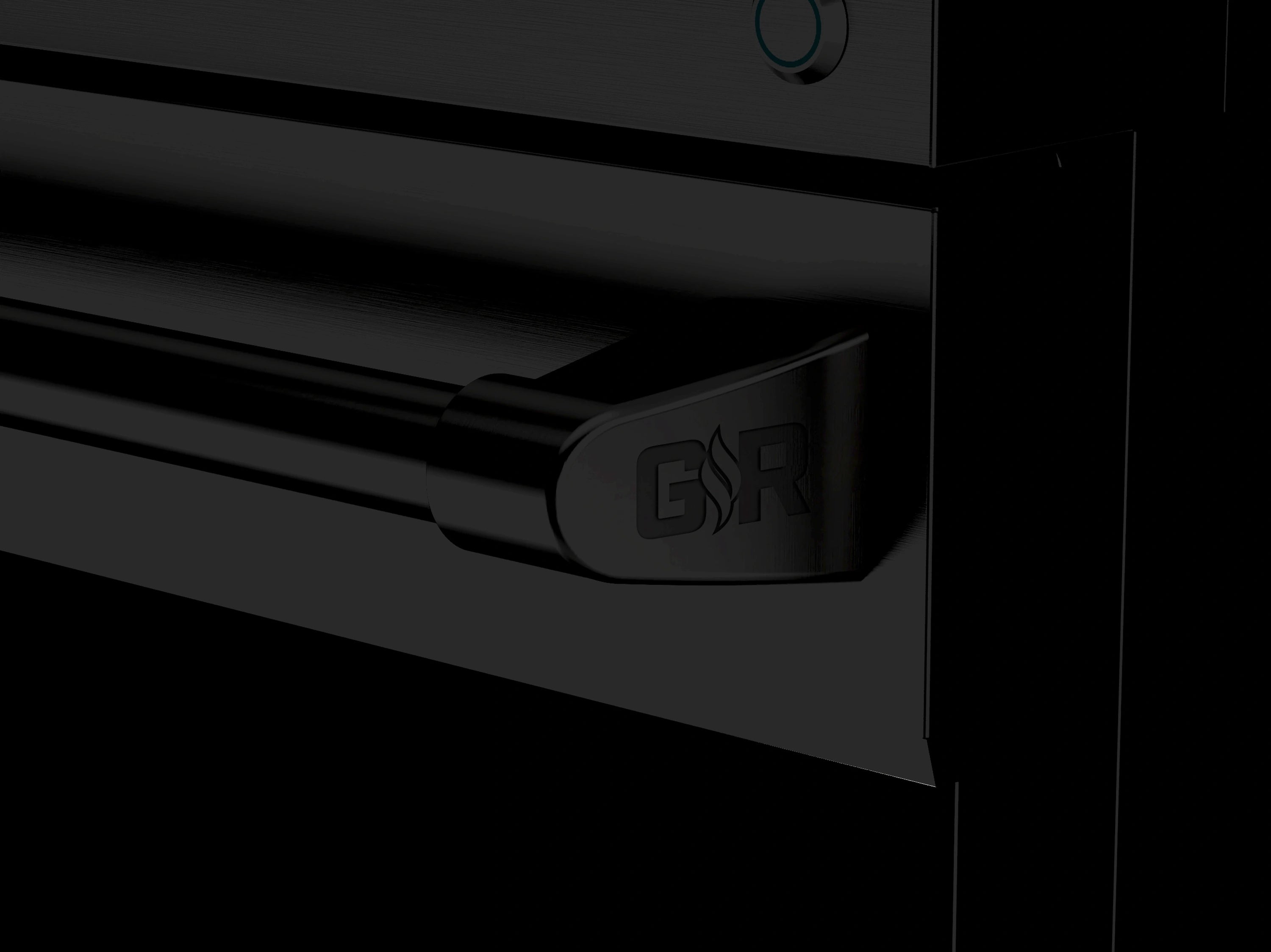 Black oven door handle with GR logo on electric range