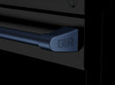 Blue trim handle detail on black oven door with GFR mark
