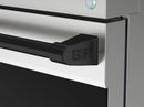 Black control handle on stainless steel gas range front with G/R logo
