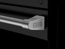 Stainless handle with G&R emblem on a black gas range door
