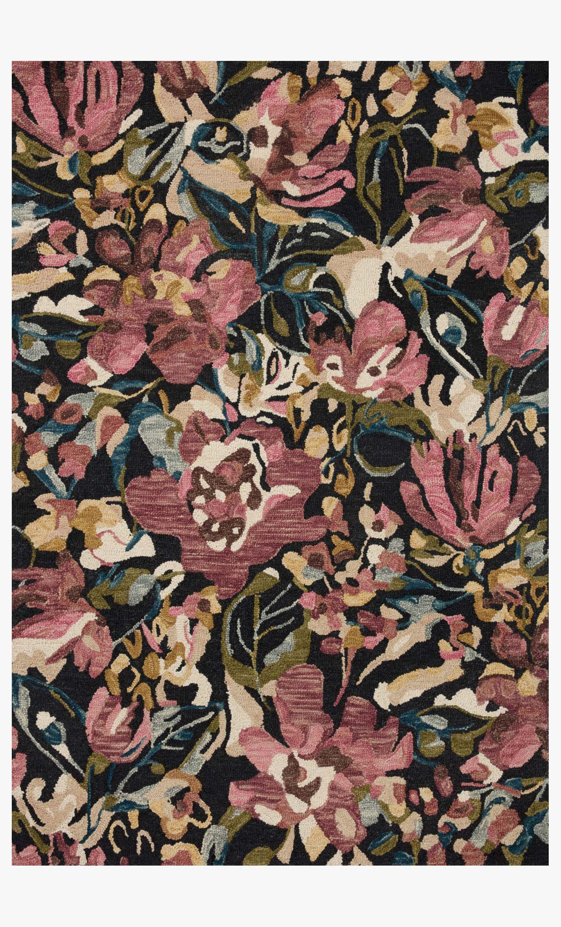 Multicolor floral area rug with dense botanical motif on dark background