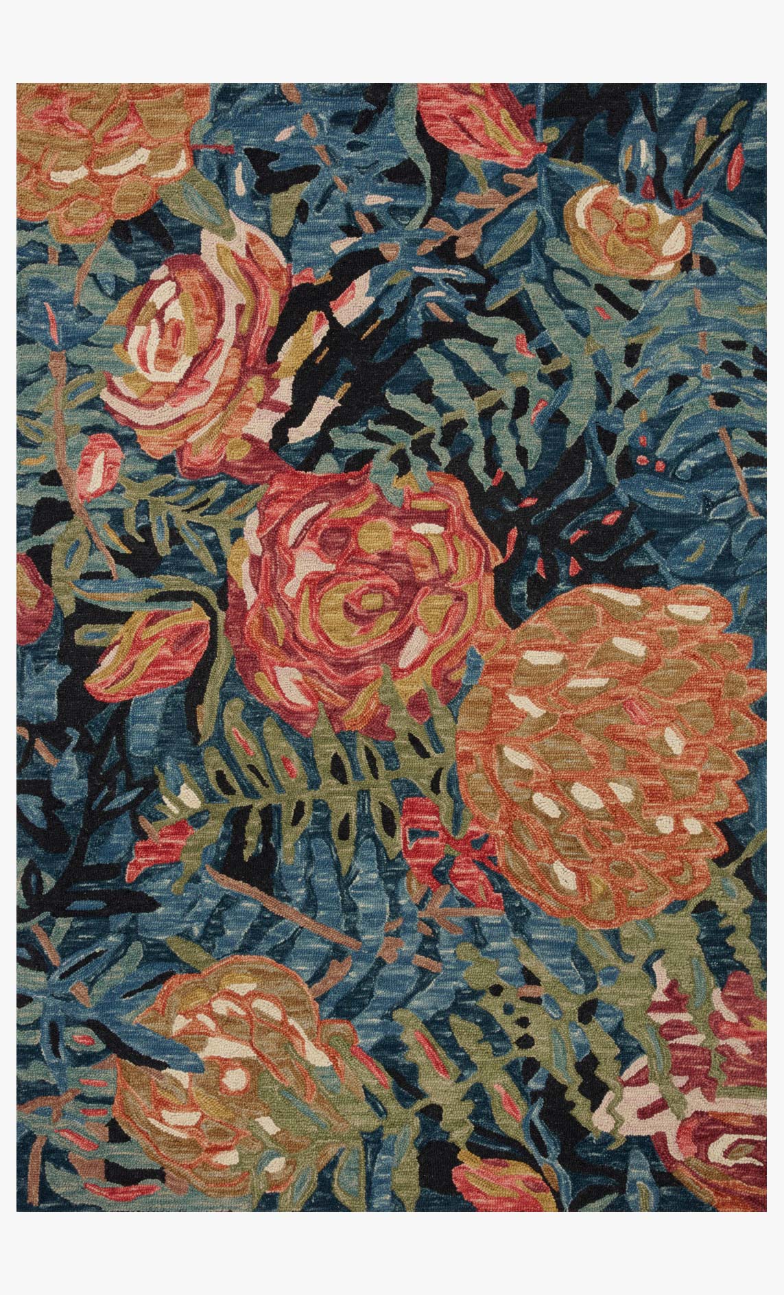 Loloi Belladonna sample rug, full abstract floral medallion in black, blue, and fiesta