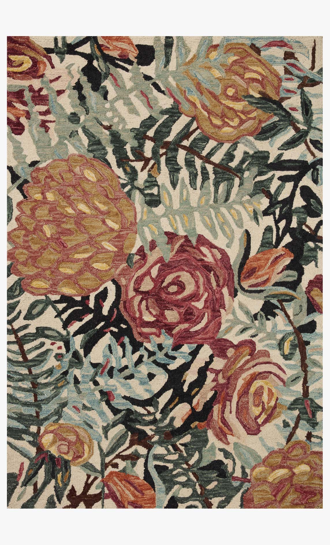 Ivory rectangular area rug with repeating abstract rose and vine motif in teal and rust