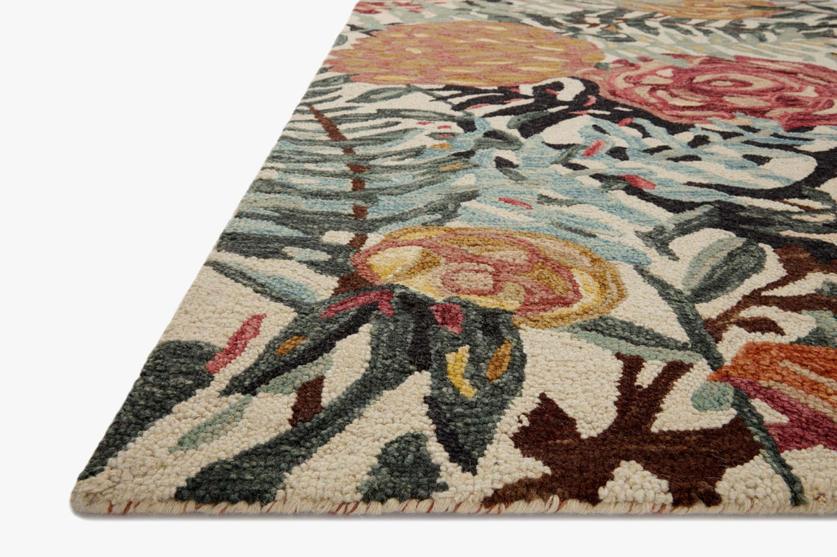 Round accent rug, ivory with multicolor floral vine pattern and dark outlines