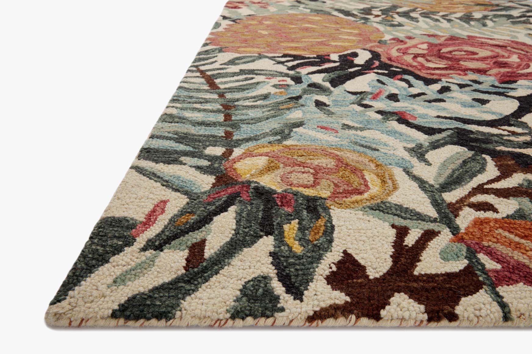 Multicolor floral area rug with ivory background, teal leaves, and red rose accents.