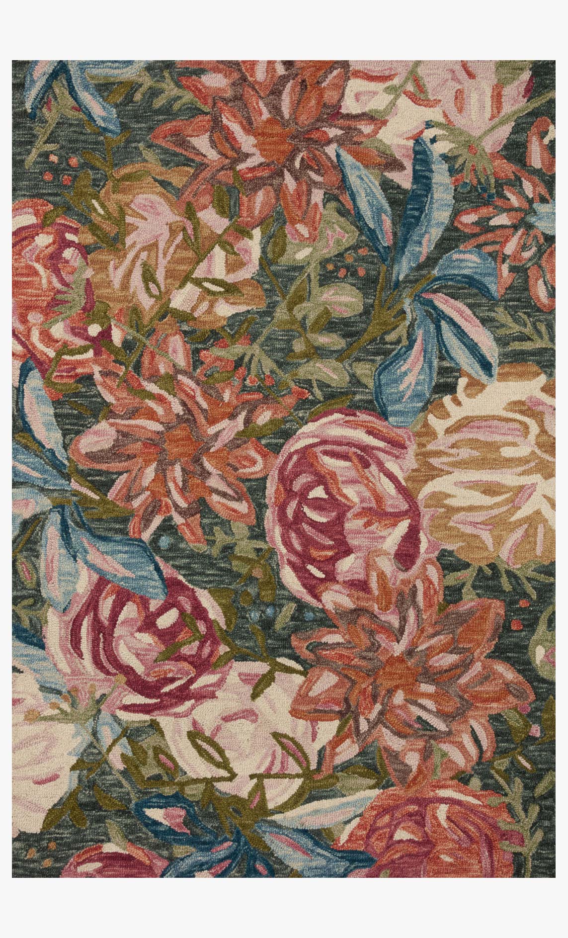 Square floral area rug with layered roses and leaves in teal, coral, and cream