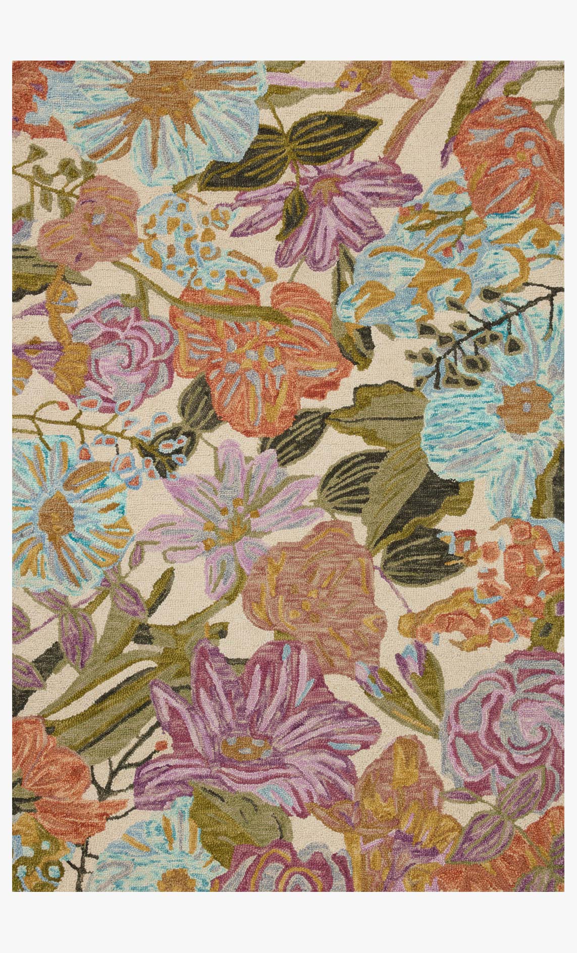 Ivory rectangular area rug with border and layered floral botanical motif