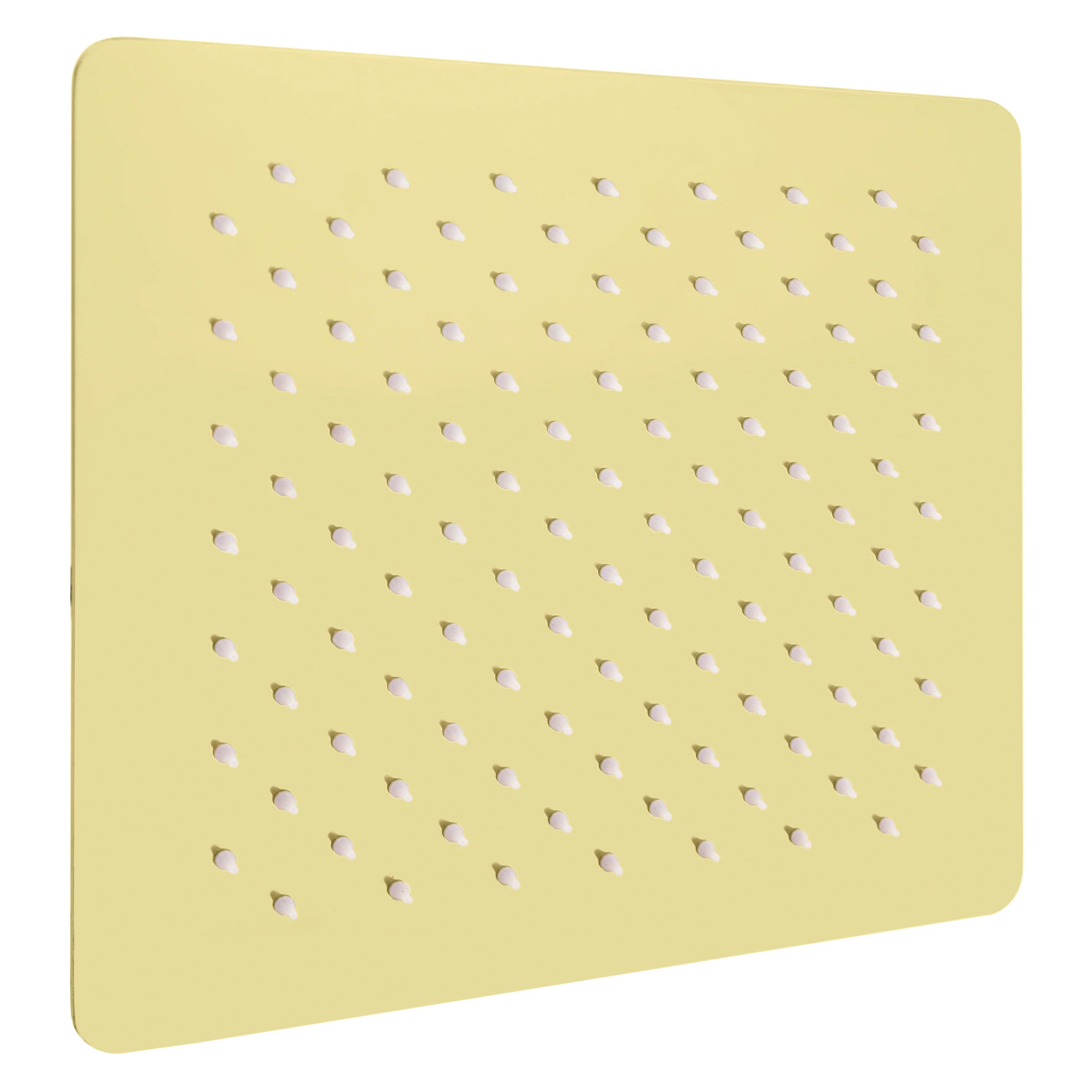 Polished gold square shower head face with evenly spaced spray holes